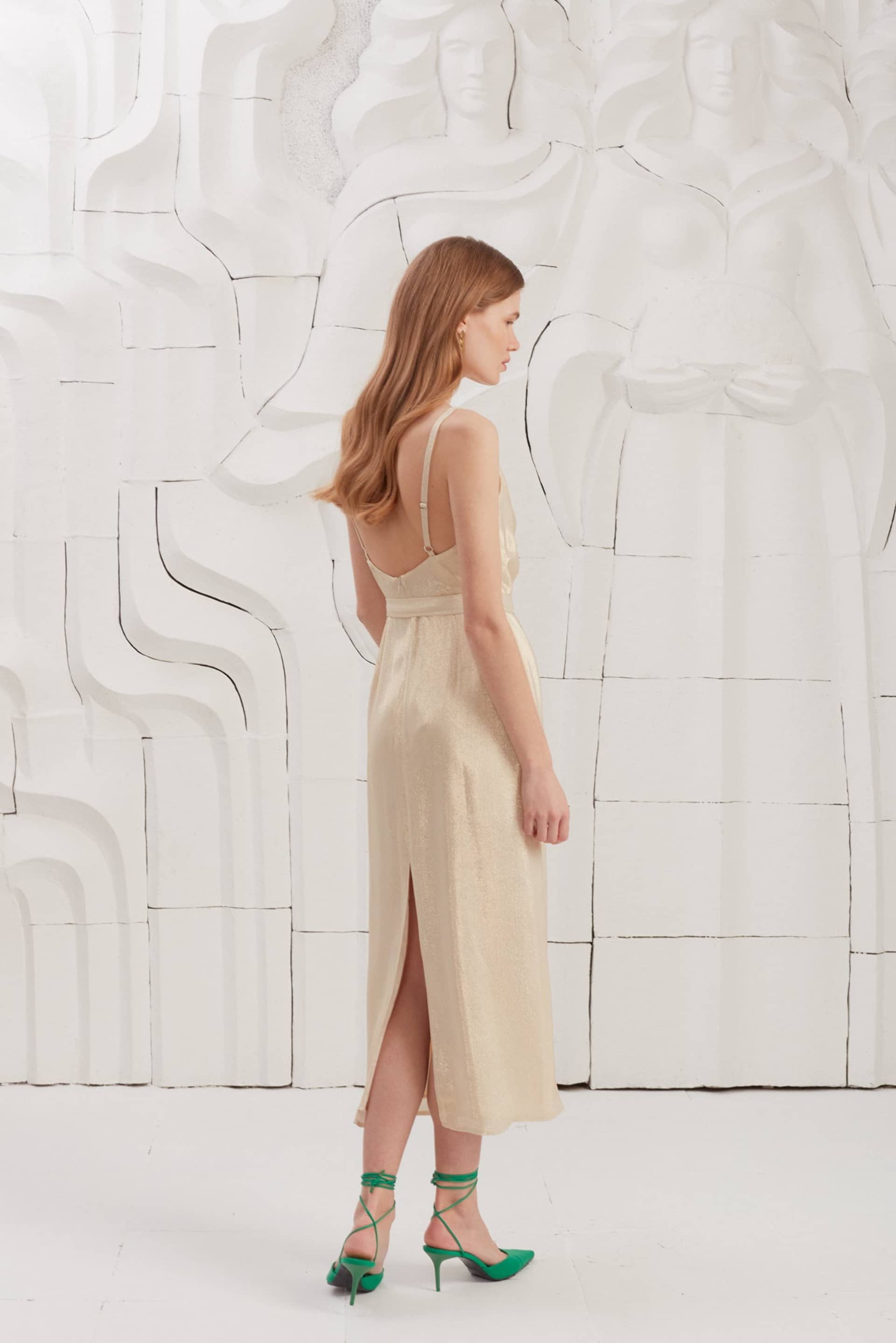 KAMEA beige gold open back midi dress made by UNDRESS