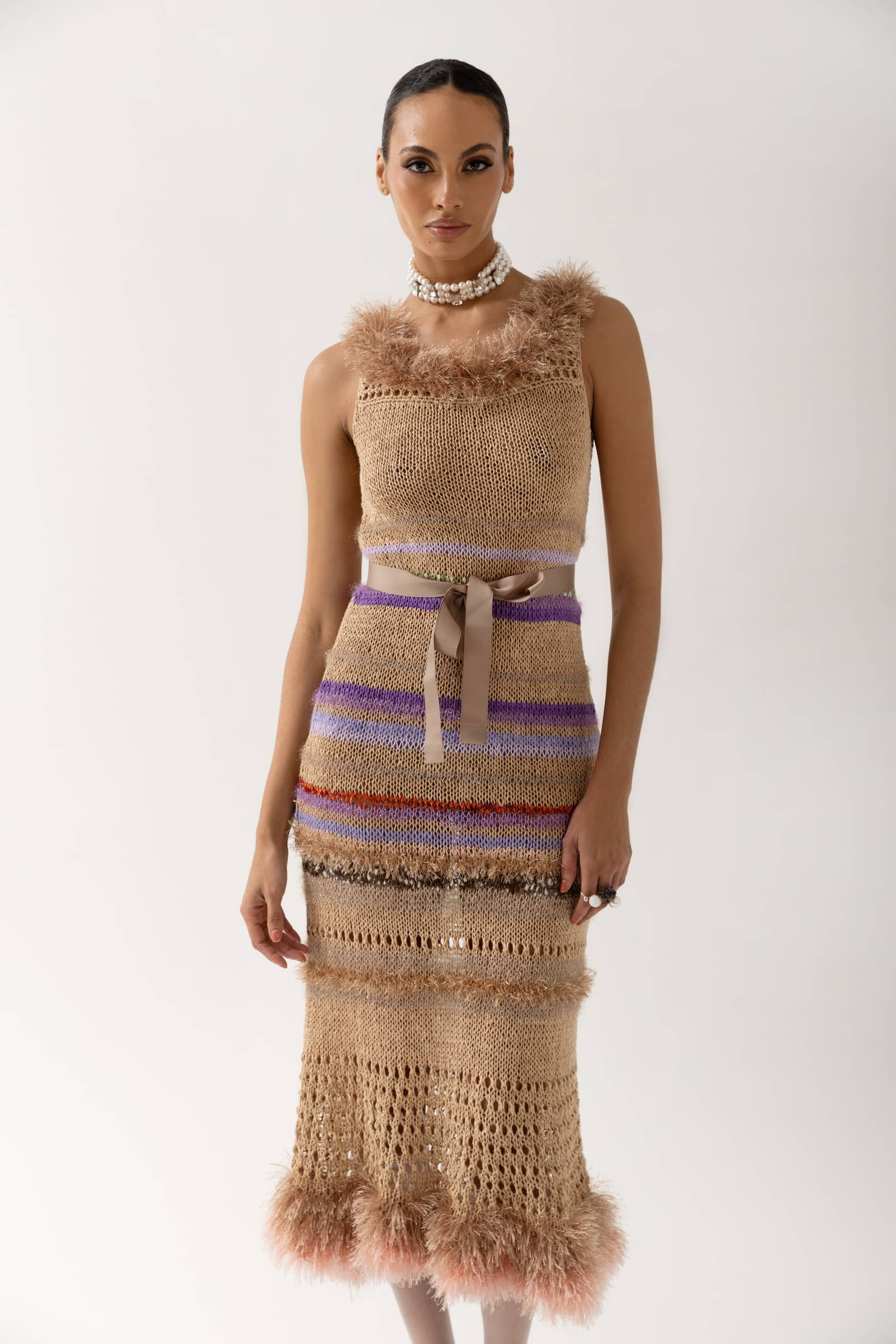 Brown Multicolor Handmade Knit Dress made by ANDREEVA