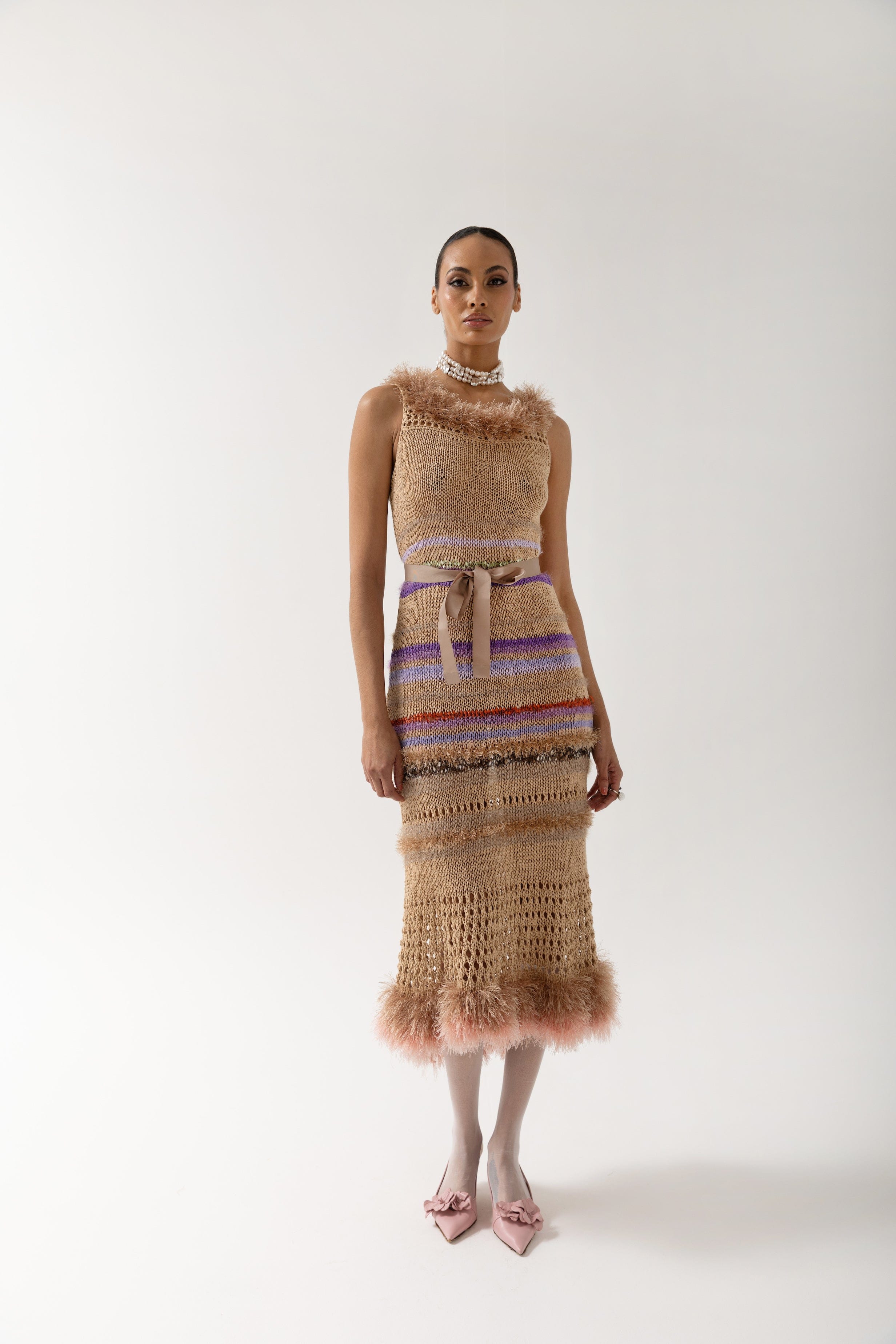 Brown Multicolor Handmade Knit Dress made by ANDREEVA