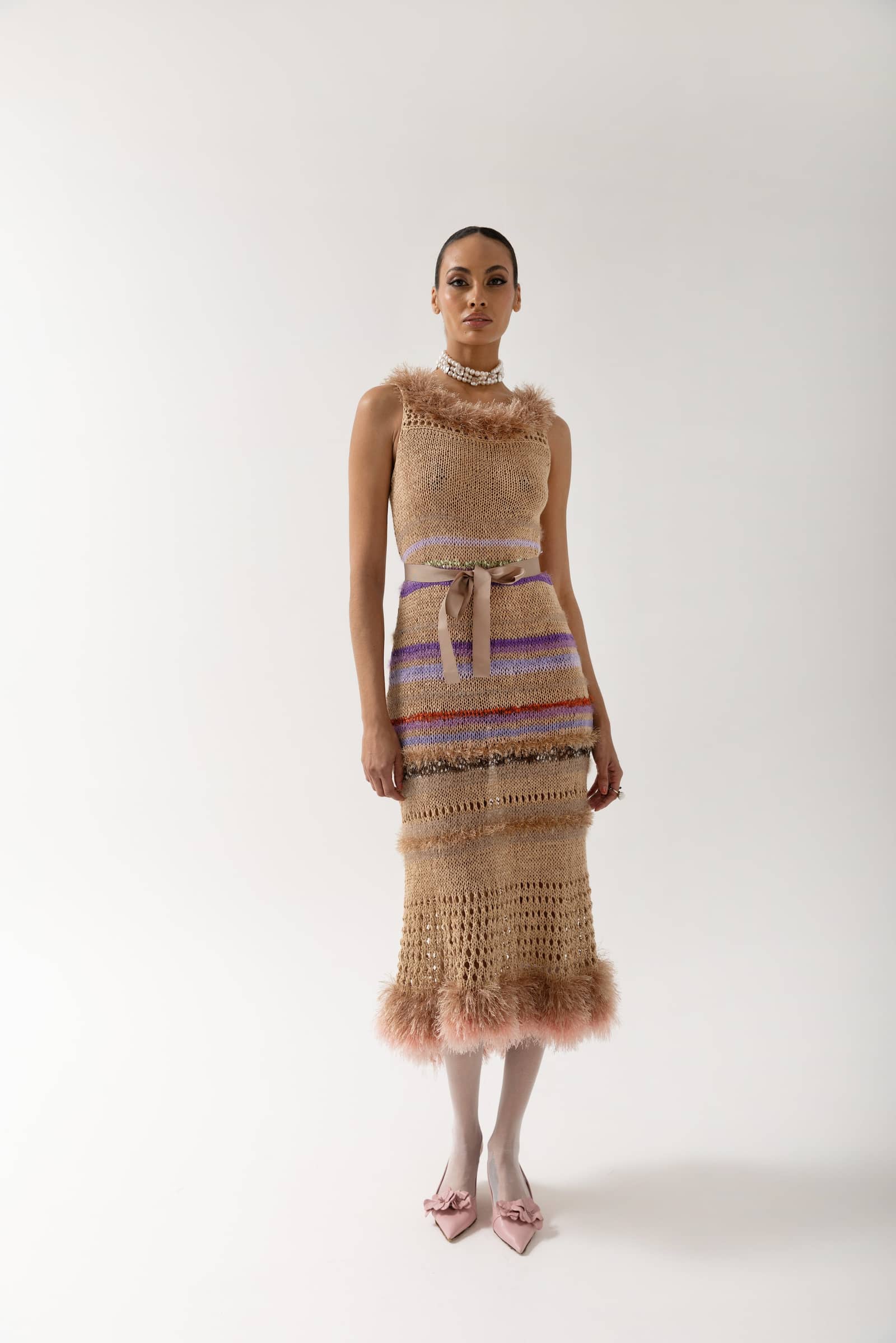 Brown Multicolor Handmade Knit Dress made by ANDREEVA