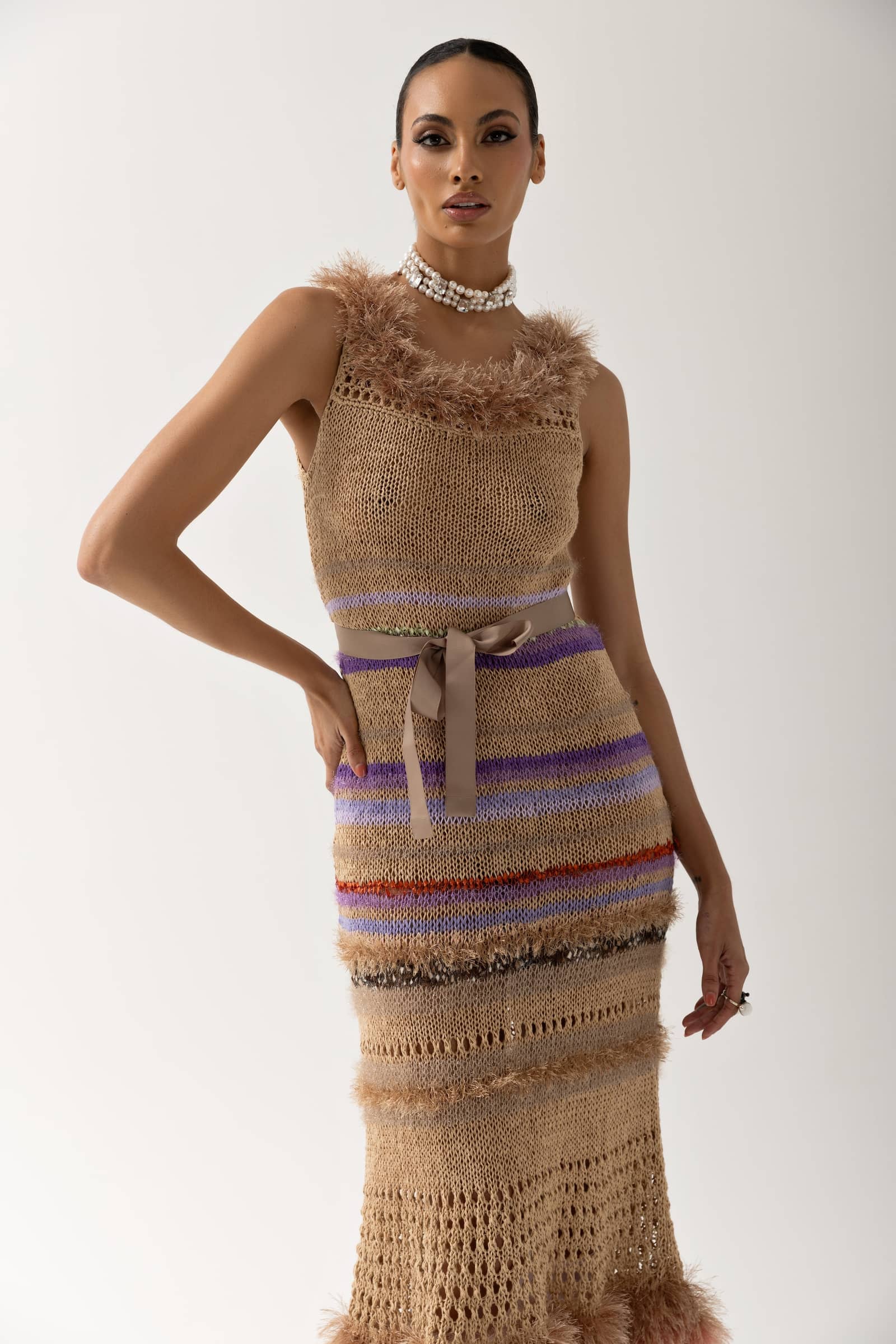 Brown Multicolor Handmade Knit Dress made by ANDREEVA