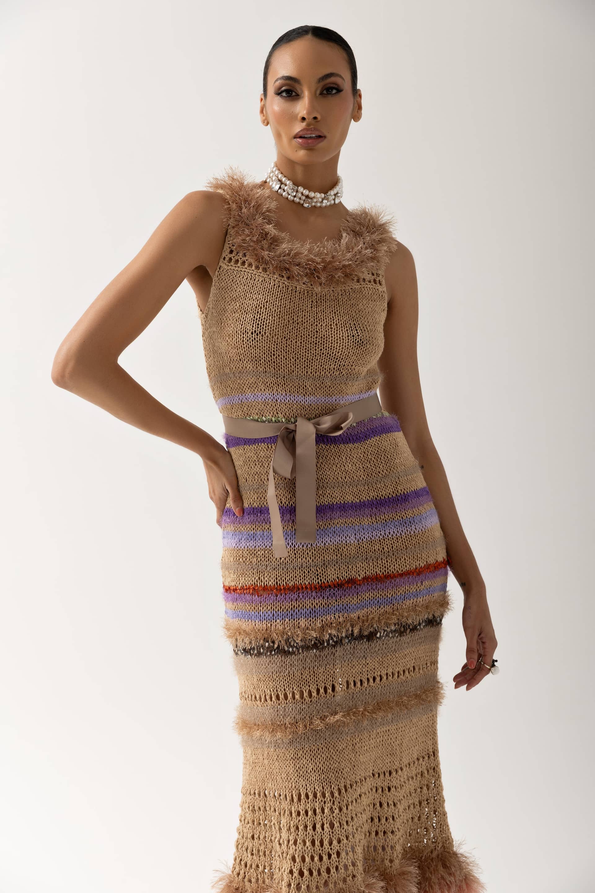 Brown Multicolor Handmade Knit Dress made by ANDREEVA