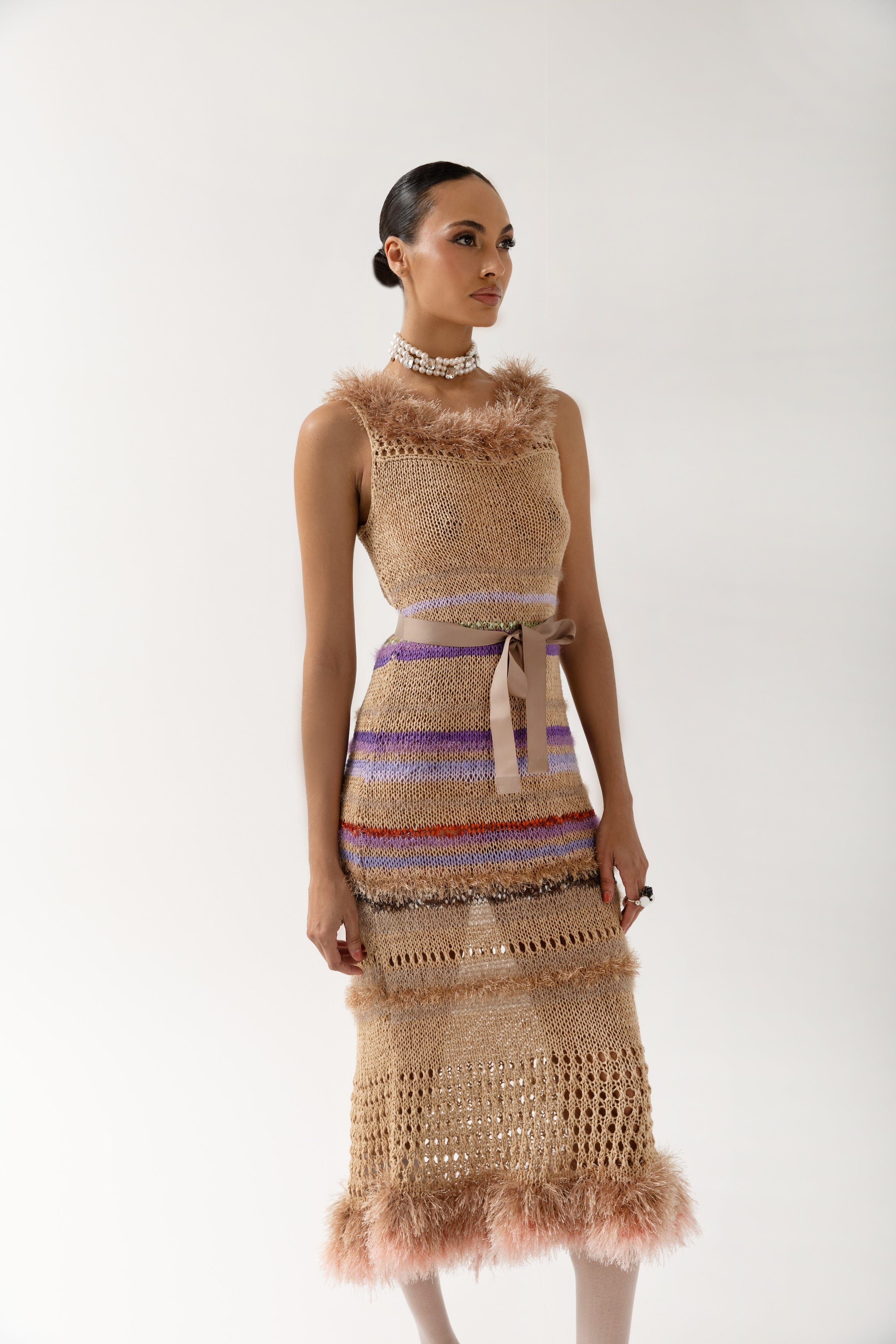 Brown Multicolor Handmade Knit Dress made by ANDREEVA