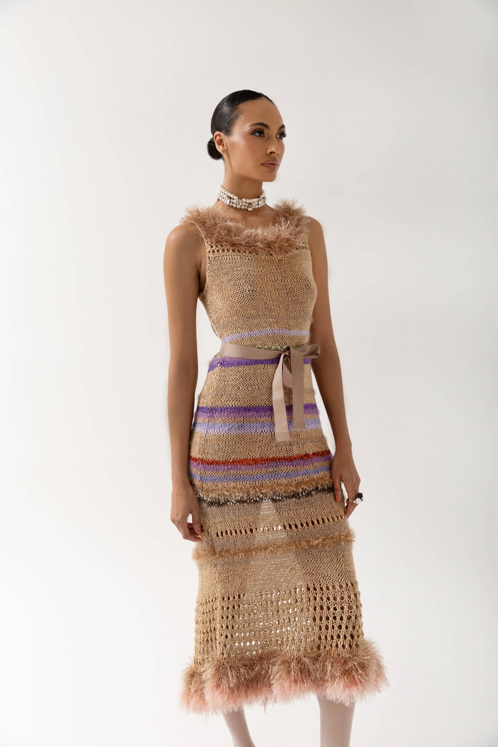 Brown Multicolor Handmade Knit Dress made by ANDREEVA