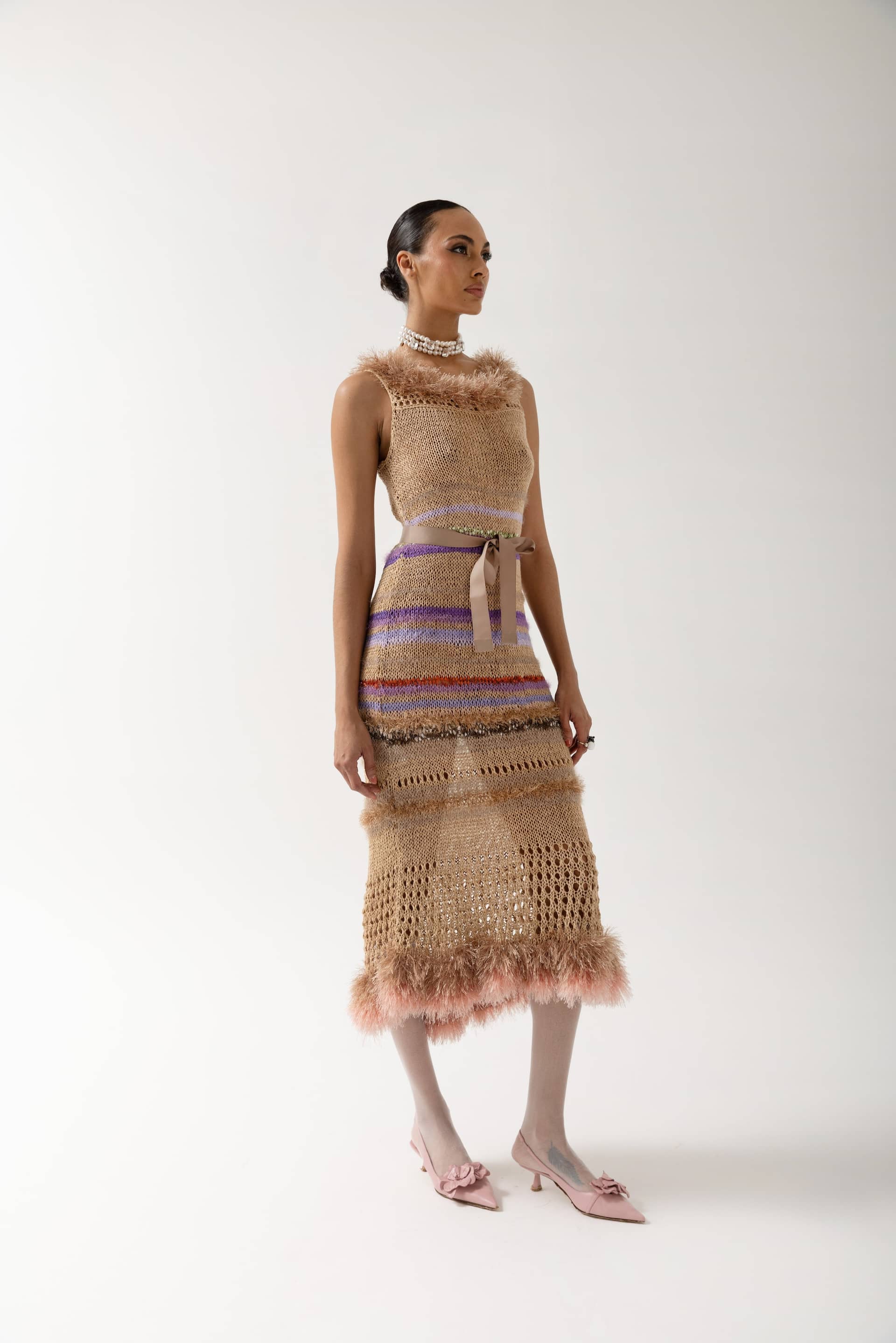Brown Multicolor Handmade Knit Dress made by ANDREEVA