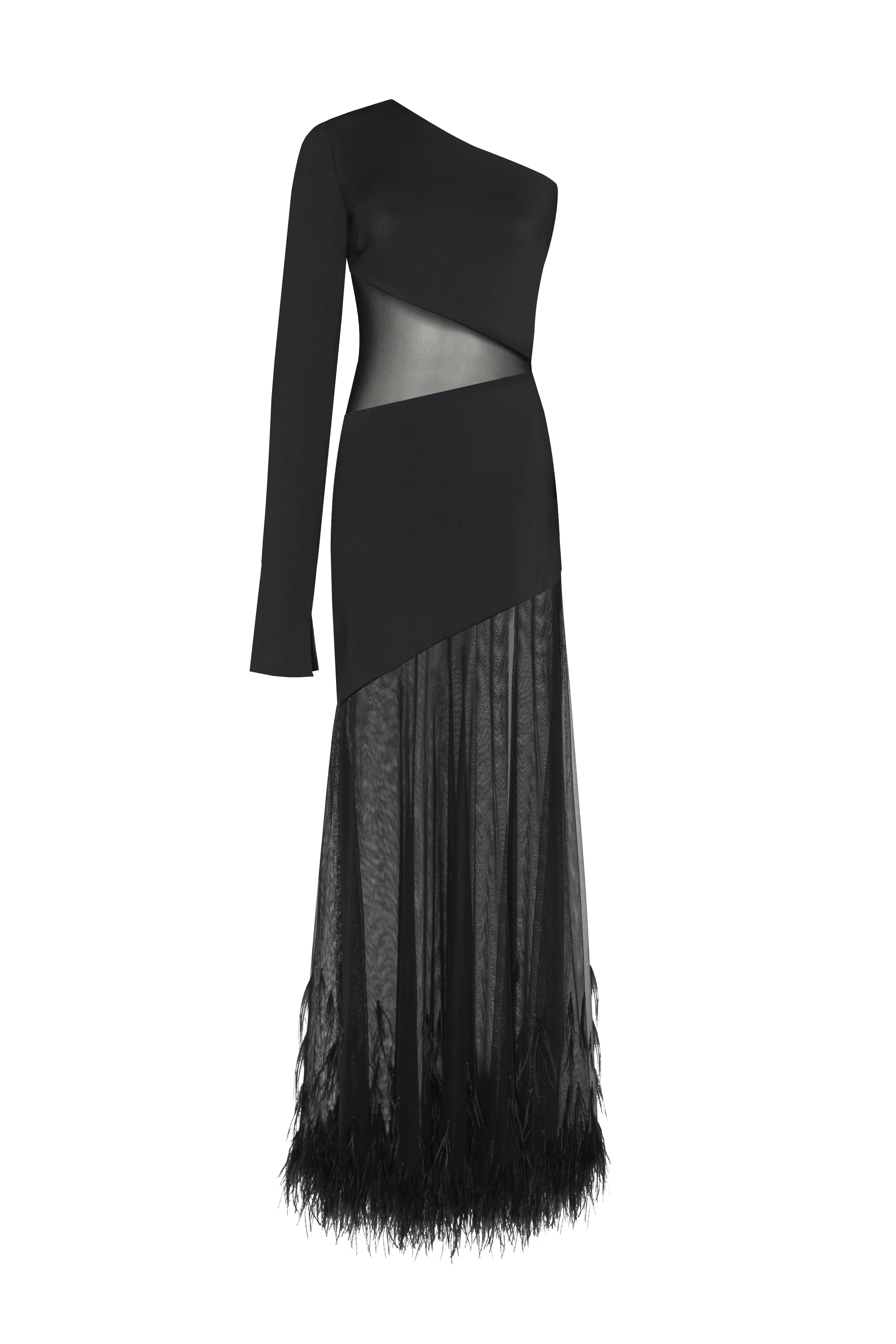 One-shoulder maxi dress with feather-trimmed bottom, Xo Xo made by Milla