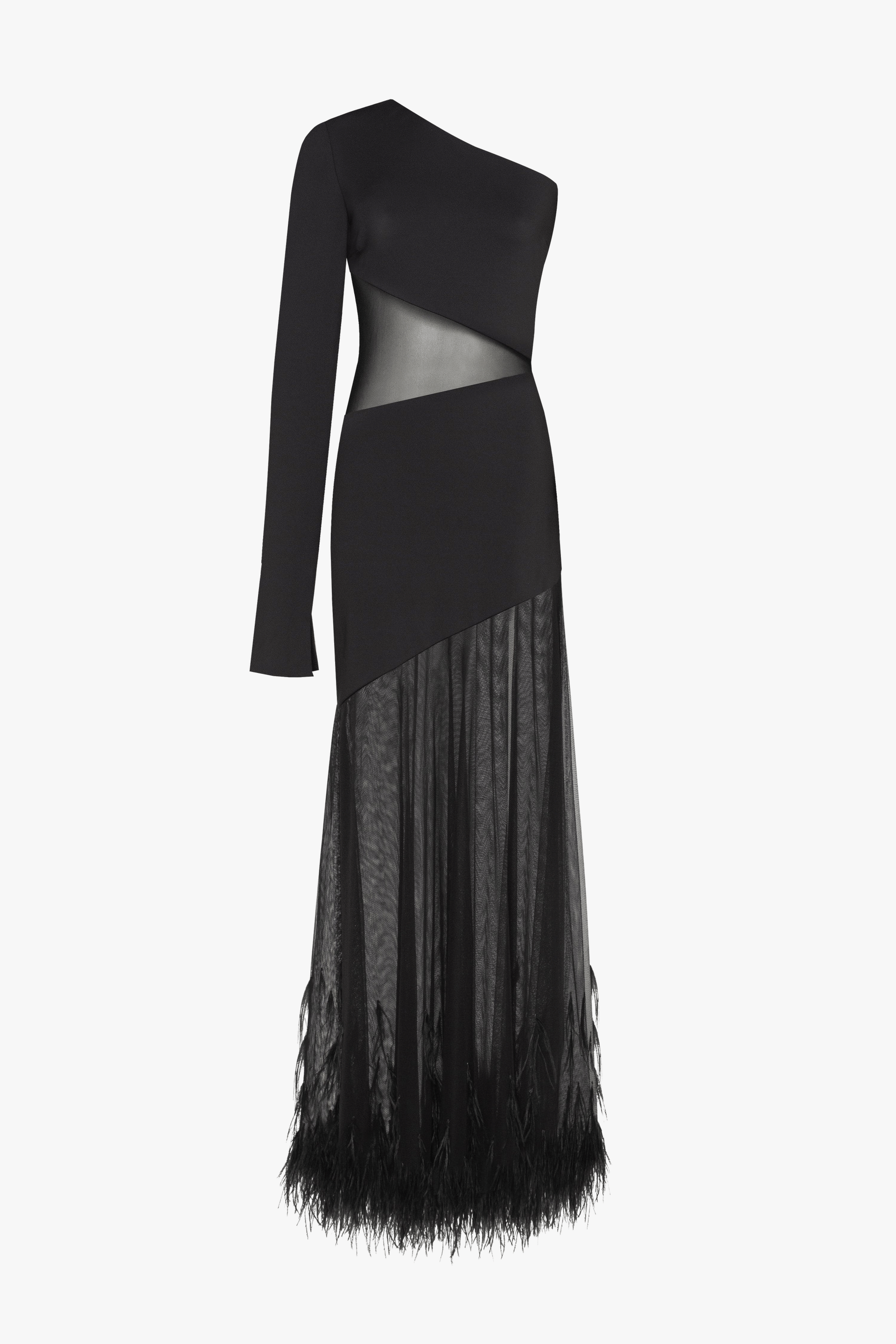 One-shoulder maxi dress with feather-trimmed bottom, Xo Xo made by Milla