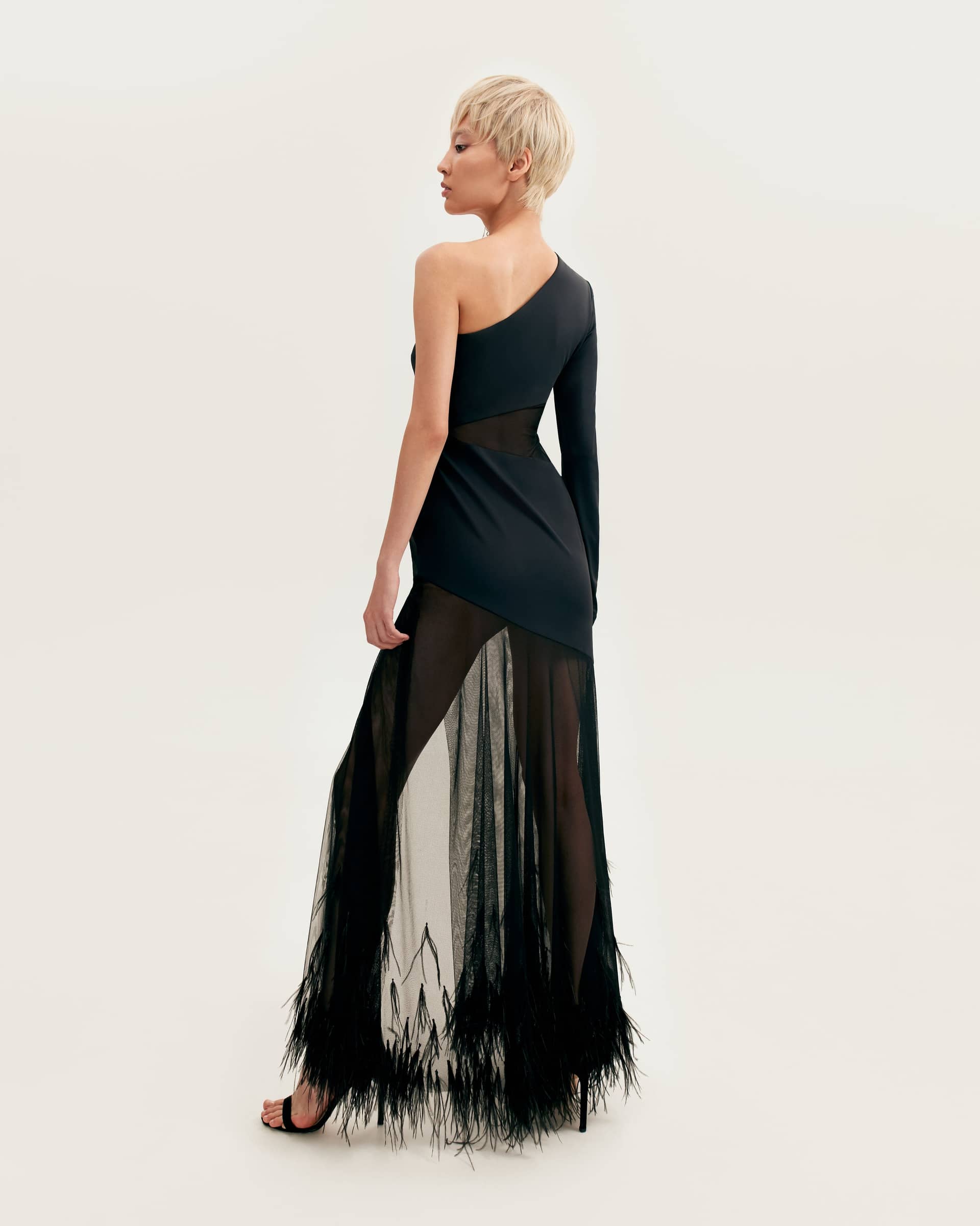 One-shoulder maxi dress with feather-trimmed bottom, Xo Xo made by Milla