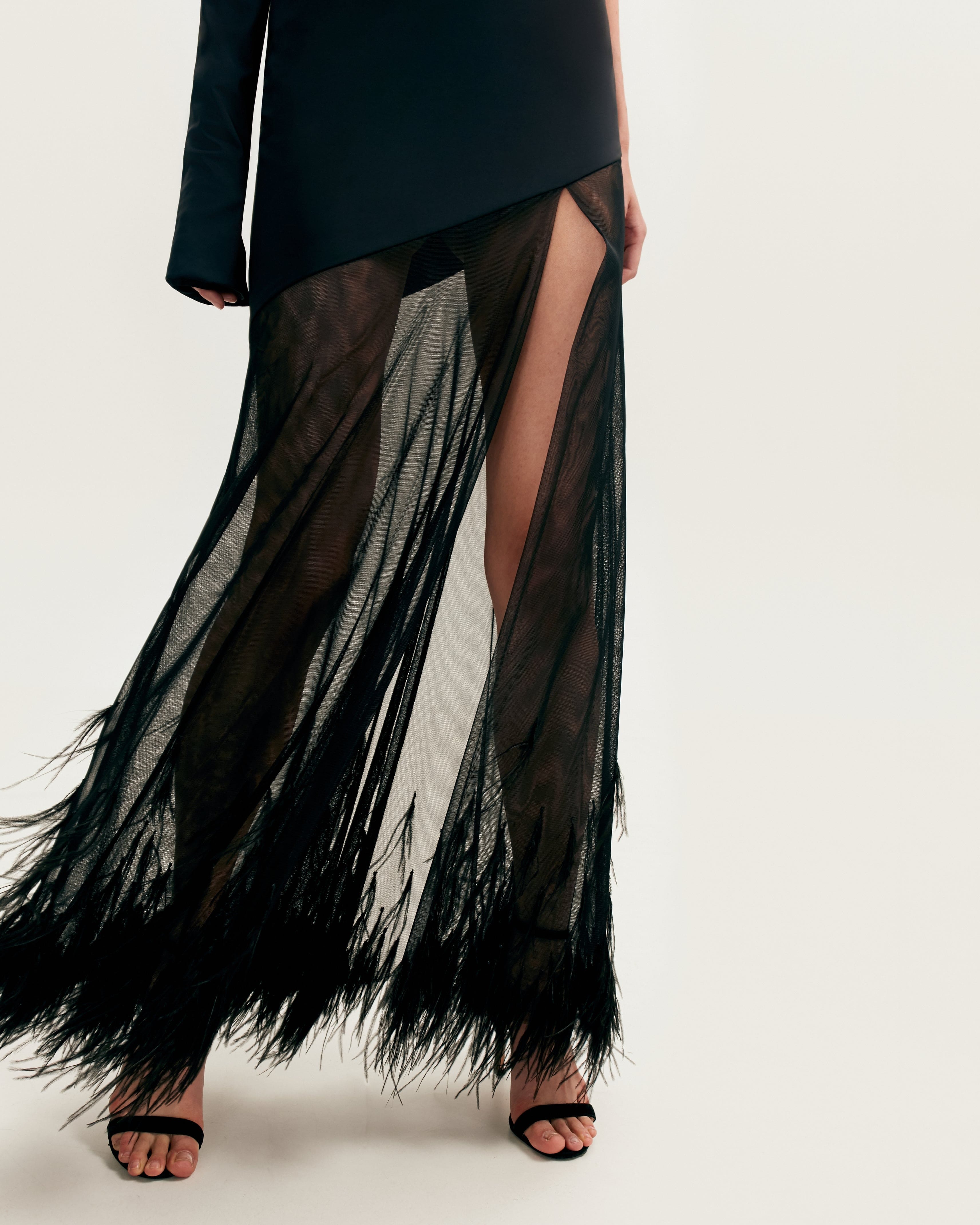 One-shoulder maxi dress with feather-trimmed bottom, Xo Xo made by Milla