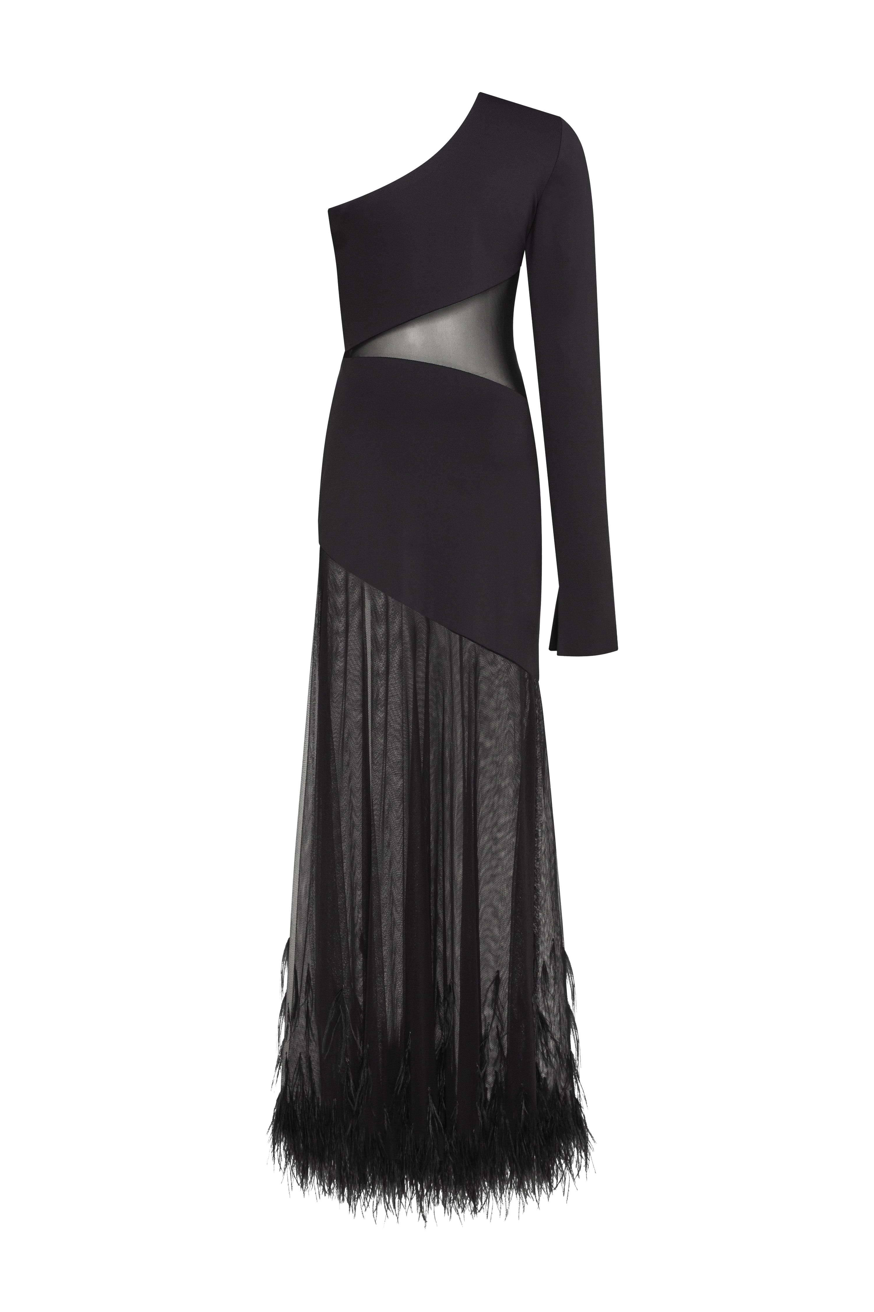 One-shoulder maxi dress with feather-trimmed bottom, Xo Xo made by Milla
