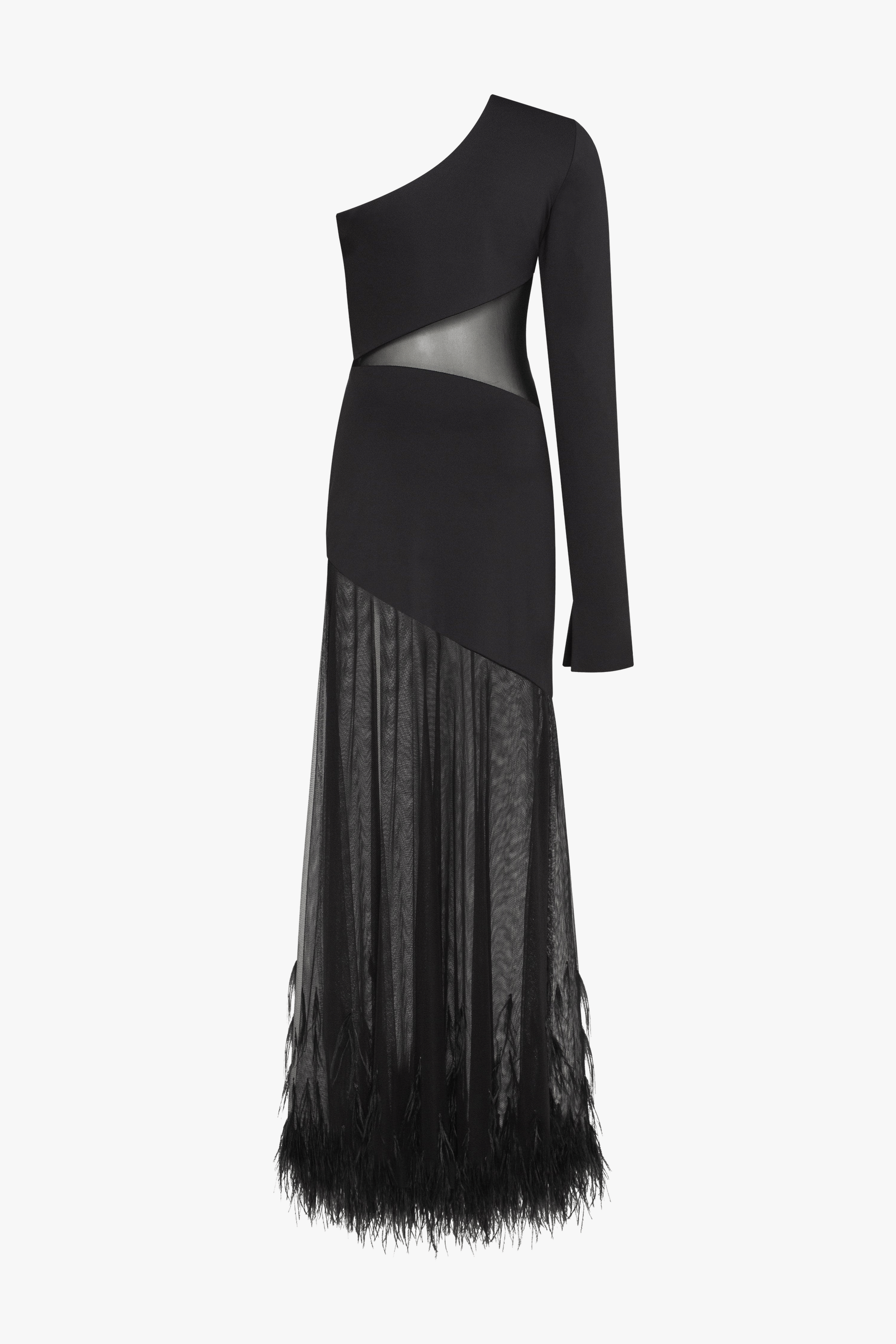 One-shoulder maxi dress with feather-trimmed bottom, Xo Xo made by Milla