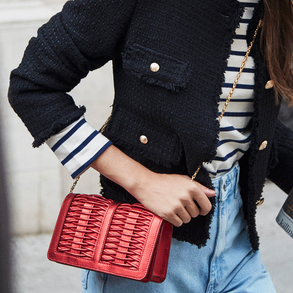 Lea red metallic braided clutch made by Yliana Yepez