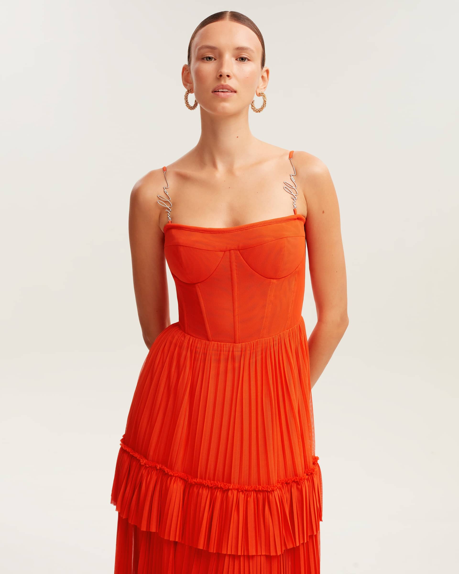 Coral spaghetti strap pleated maxi dress, Garden of Eden made by Milla