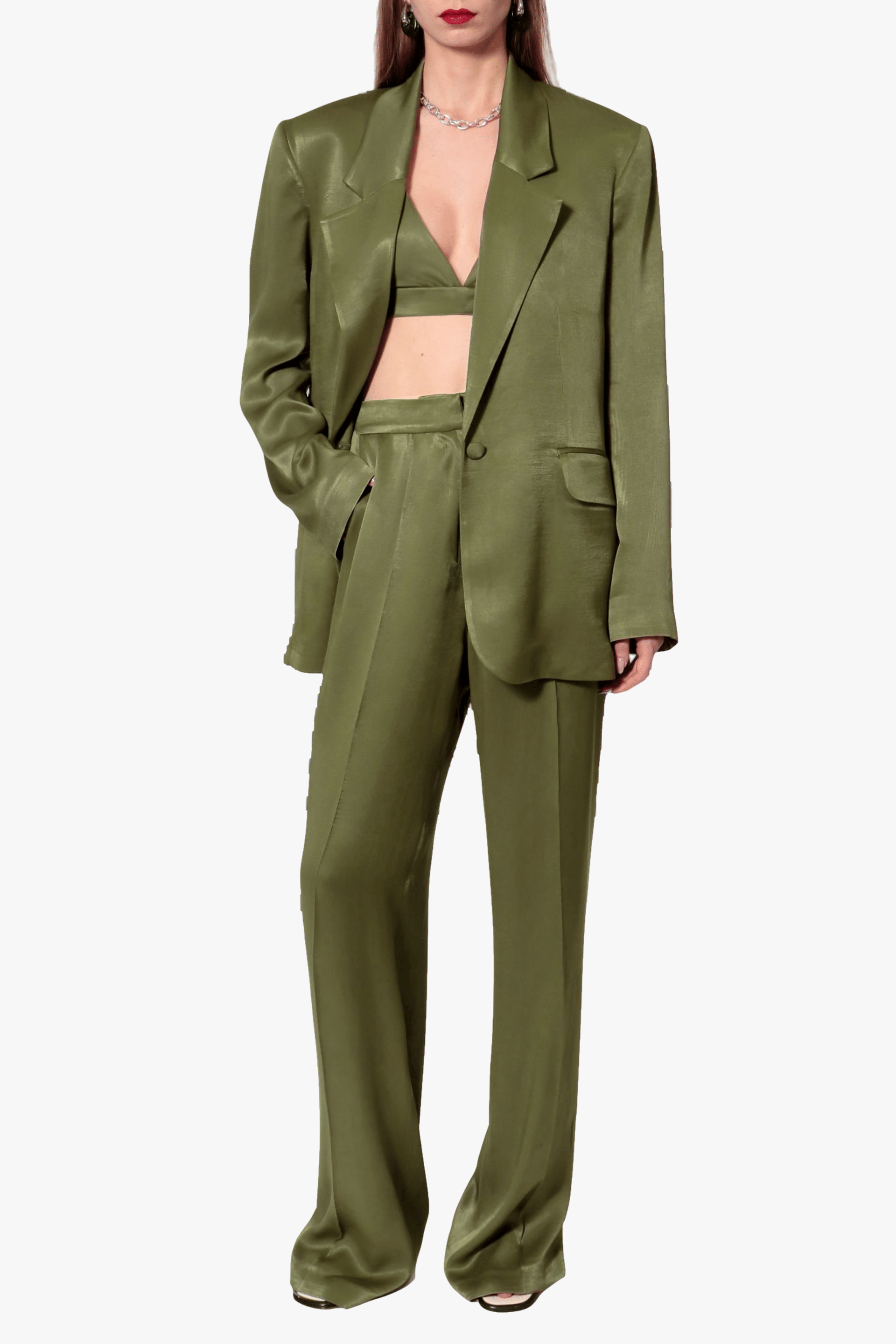 Blazer Bellamy Satin Olive Branch in Green made by HALEWSKI