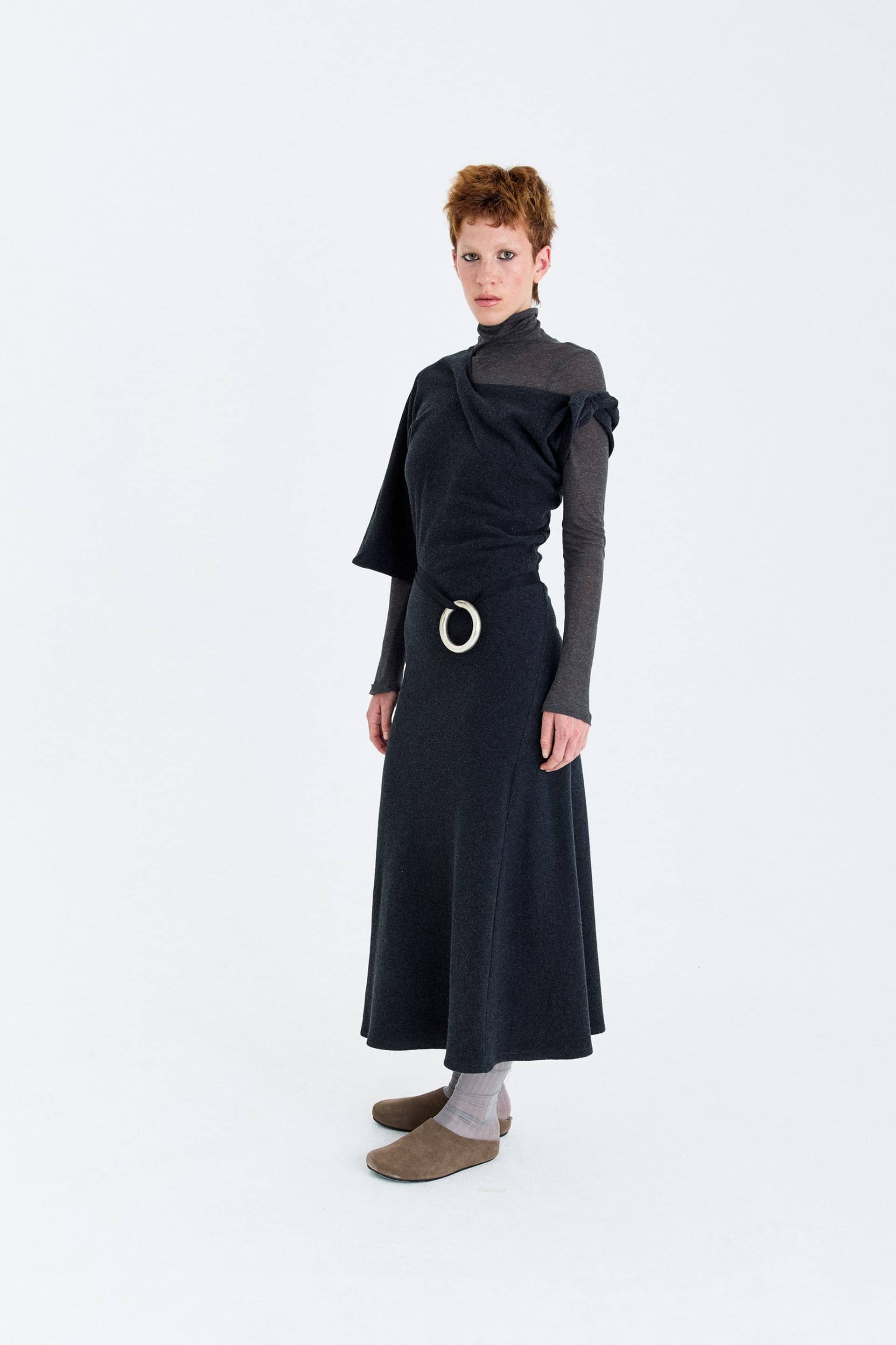 FLEECE ASYMMETRICAL STRUCTURED KNITTED WOOL DRESS made by YIBRI
