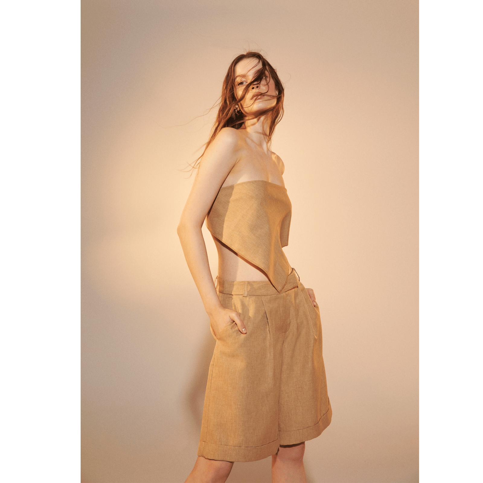 Marde Shorts in Almond Buff in Brown made by Nazli Ceren