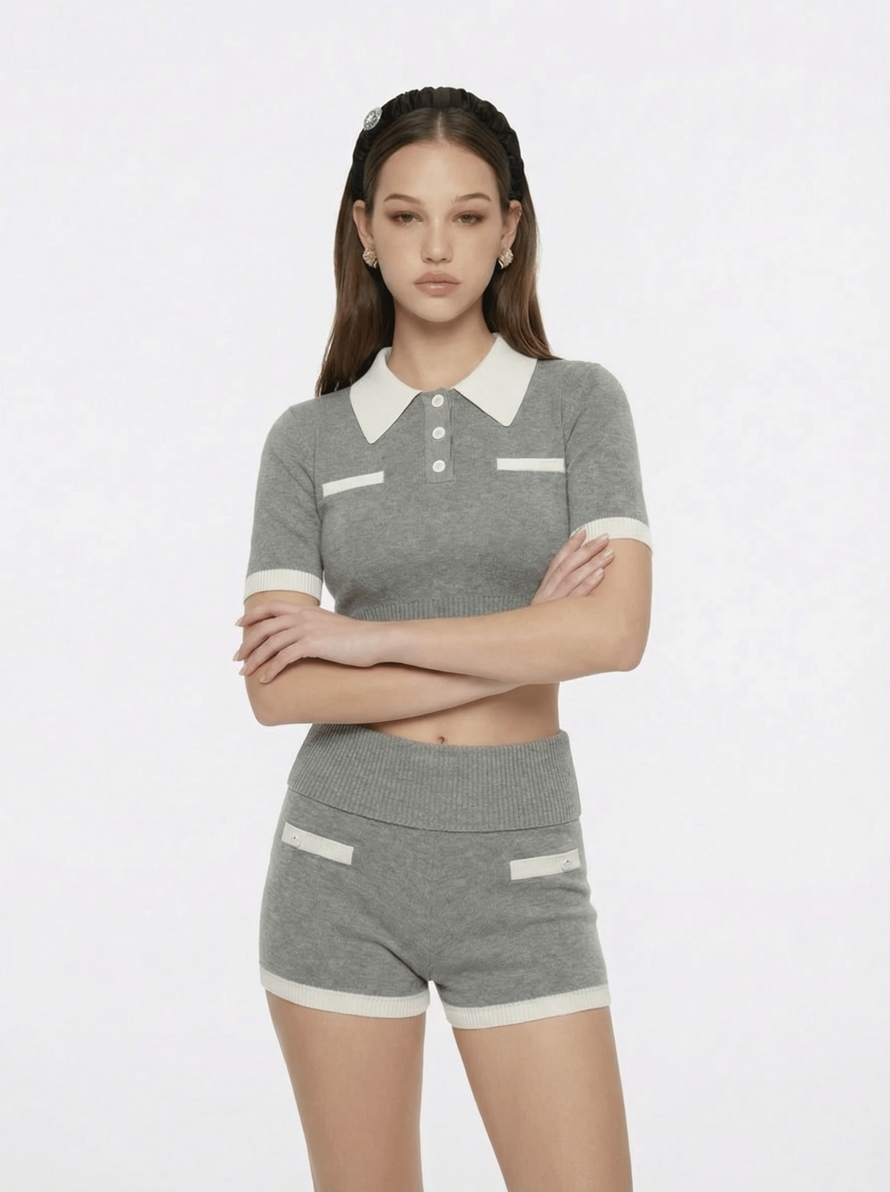 Mia Contrast-Collar Grey Short Sleeve Knit Top made by Nana Jacqueline