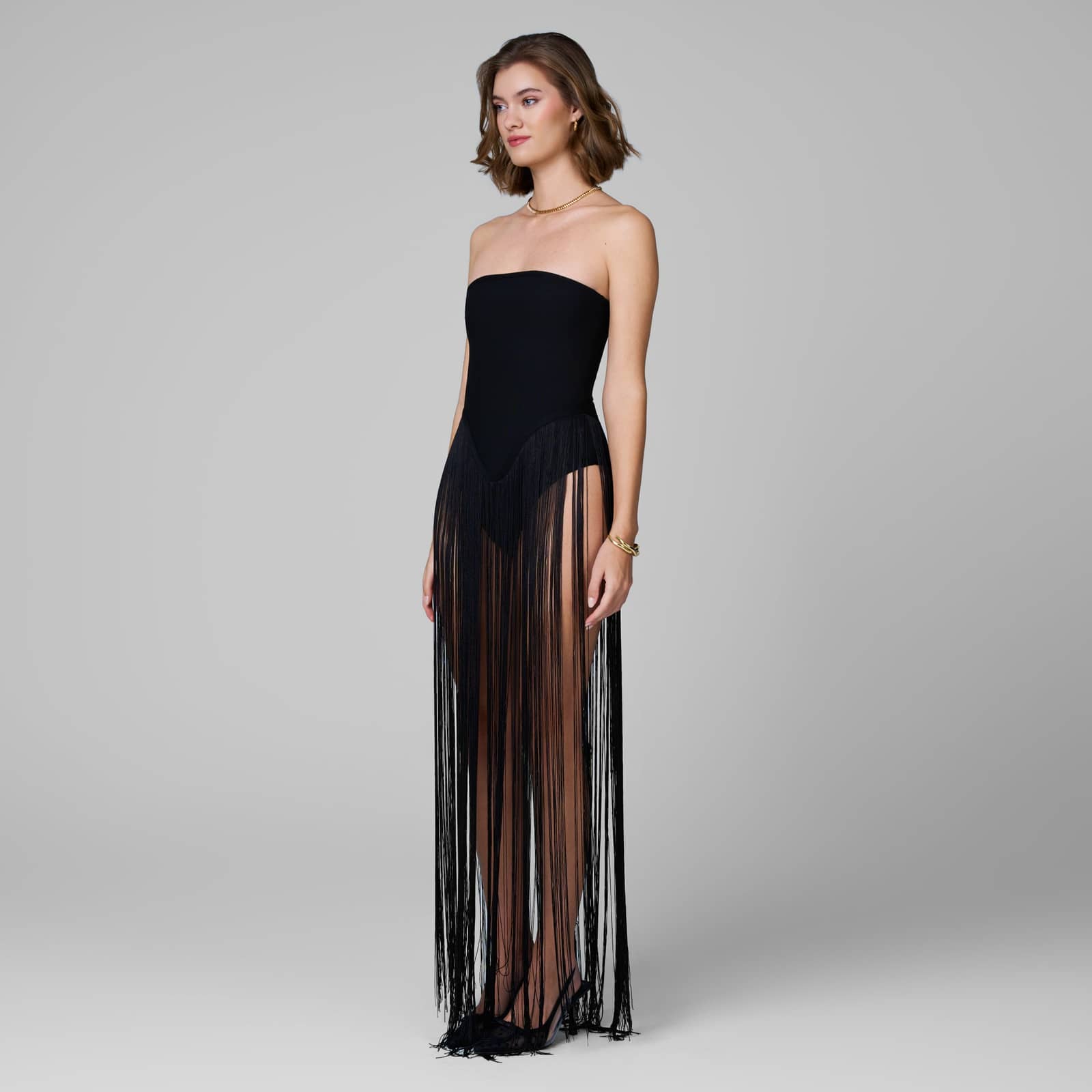 Scarlet Bodysuit Fringe Dress In Black made by Decolet The Label
