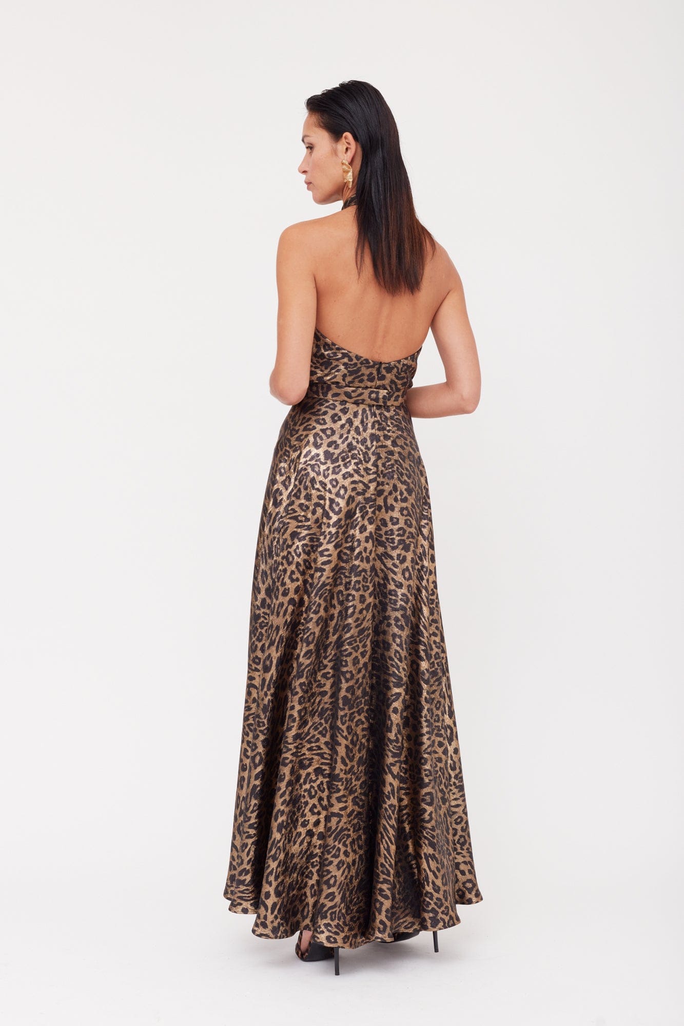 HELIDA Black Bronze Leopard Print Long Dress With Criss-Cross Neck made by UNDRESS