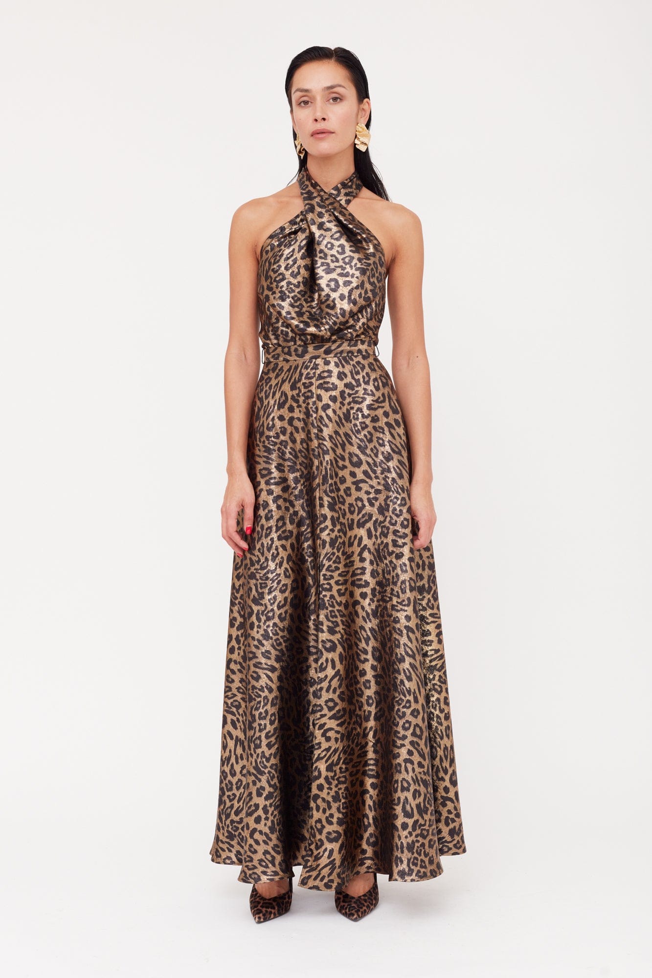 HELIDA Black Bronze Leopard Print Long Dress With Criss-Cross Neck made by UNDRESS