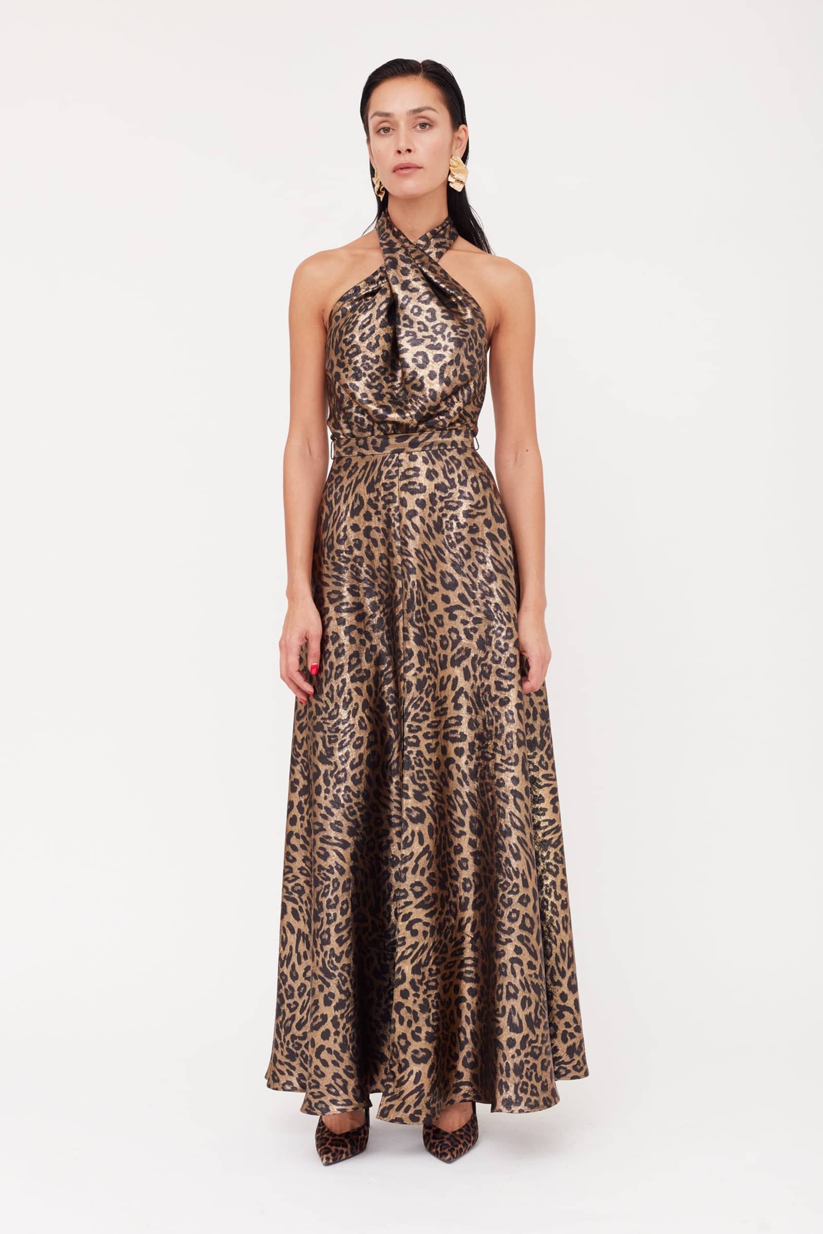 HELIDA Black Bronze Leopard Print Long Dress With Criss-Cross Neck made by UNDRESS