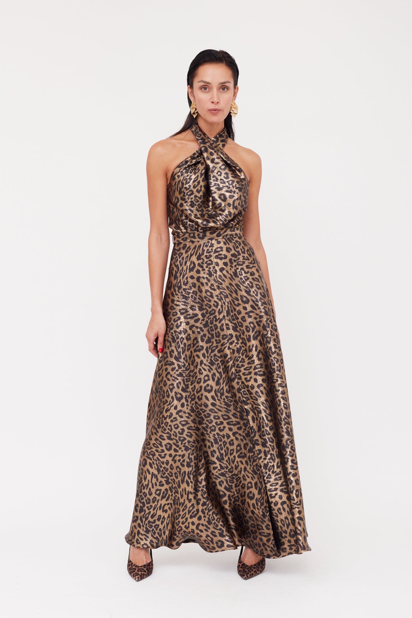 HELIDA Black Bronze Leopard Print Long Dress With Criss-Cross Neck made by UNDRESS