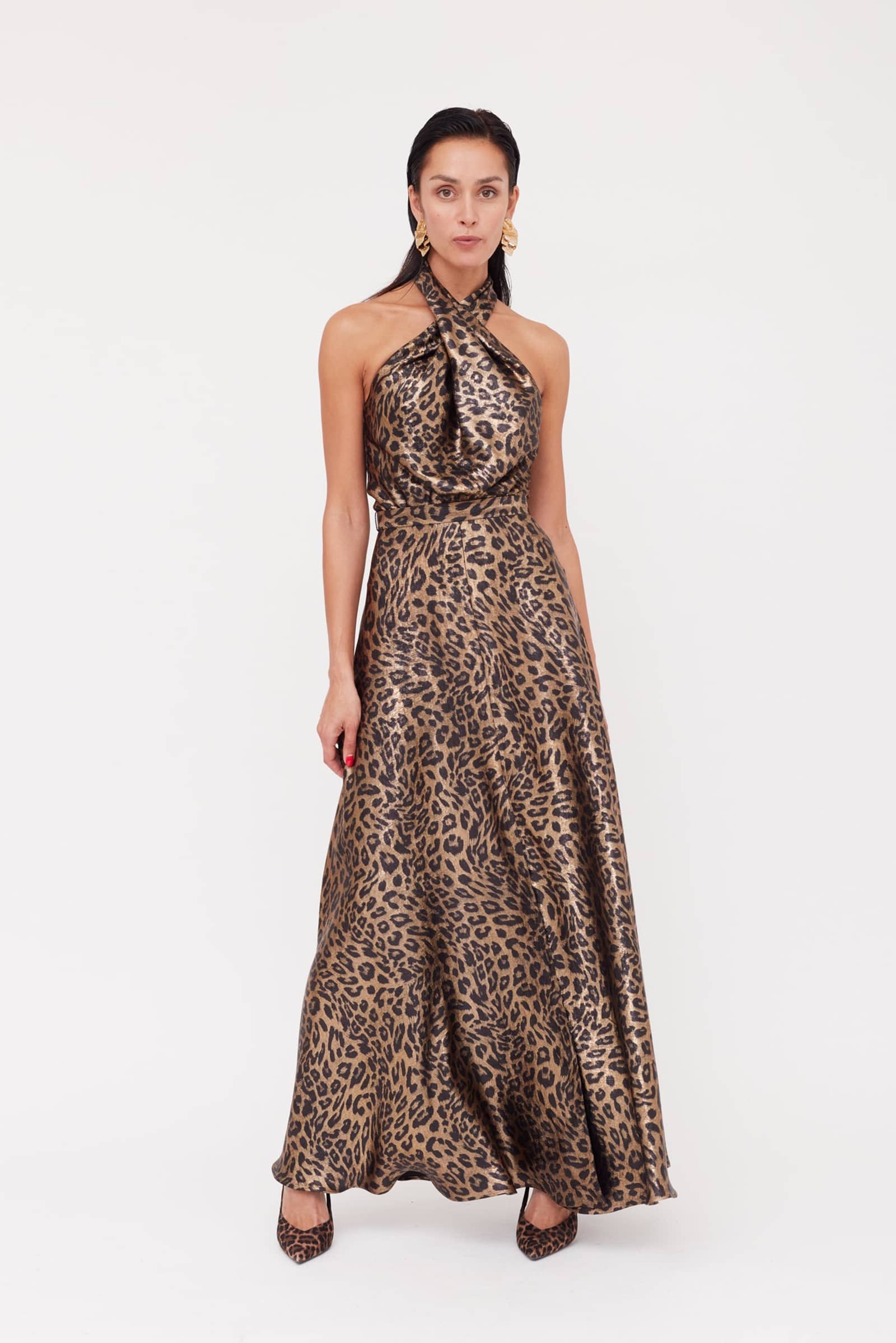HELIDA Black Bronze Leopard Print Long Dress With Criss-Cross Neck made by UNDRESS