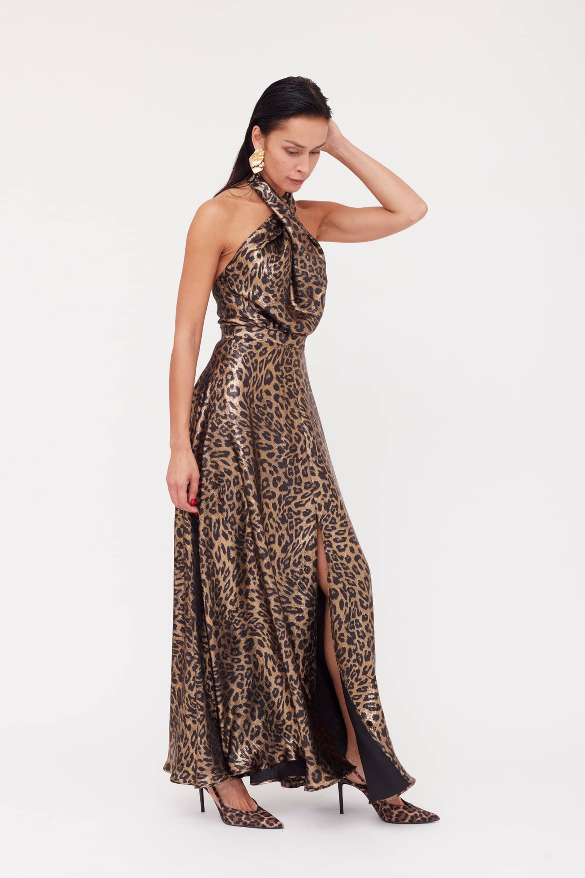 HELIDA Black Bronze Leopard Print Long Dress With Criss-Cross Neck made by UNDRESS