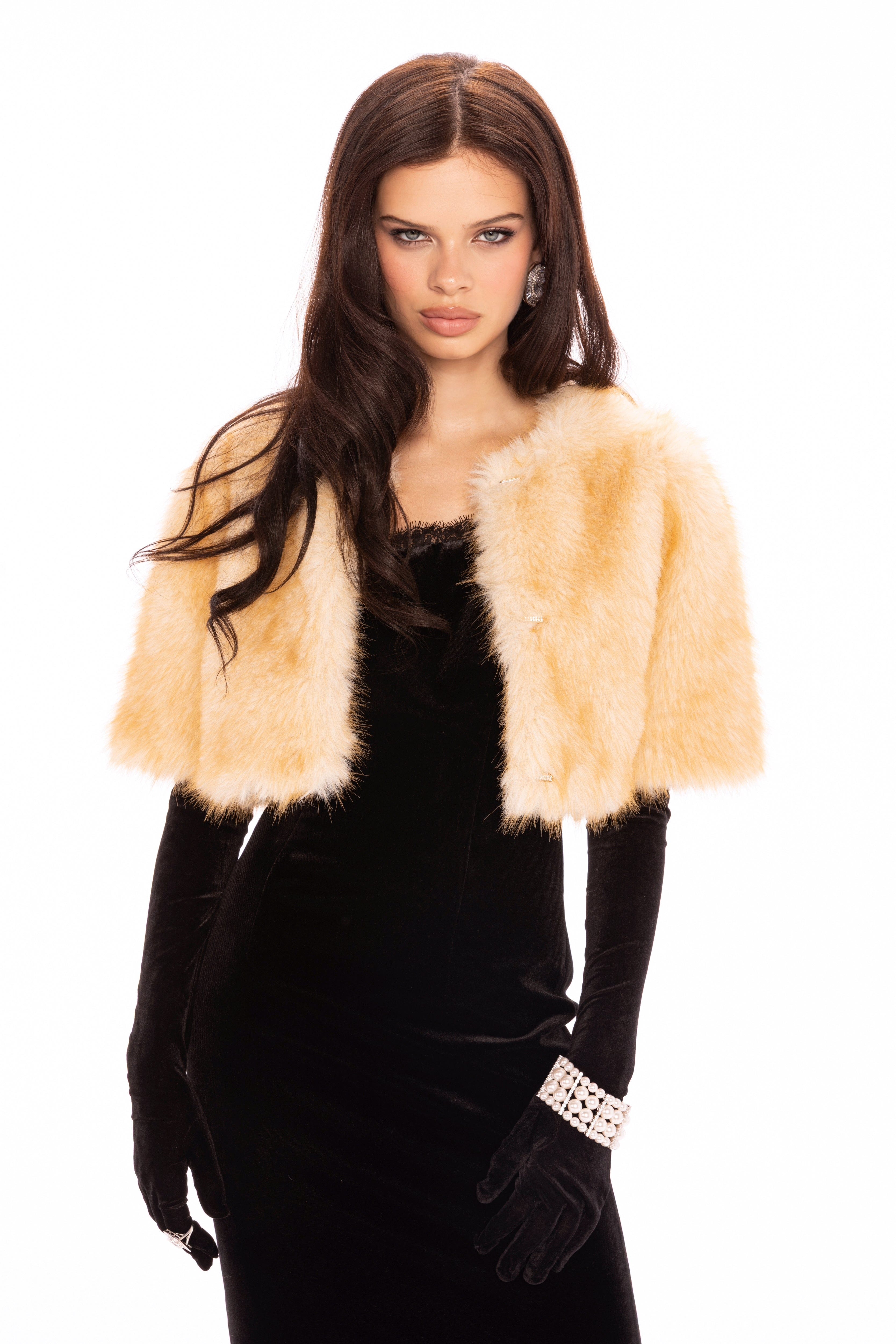 Thalia Cropped Faux Fur Jacket (Yellow) made by Nana Jacqueline