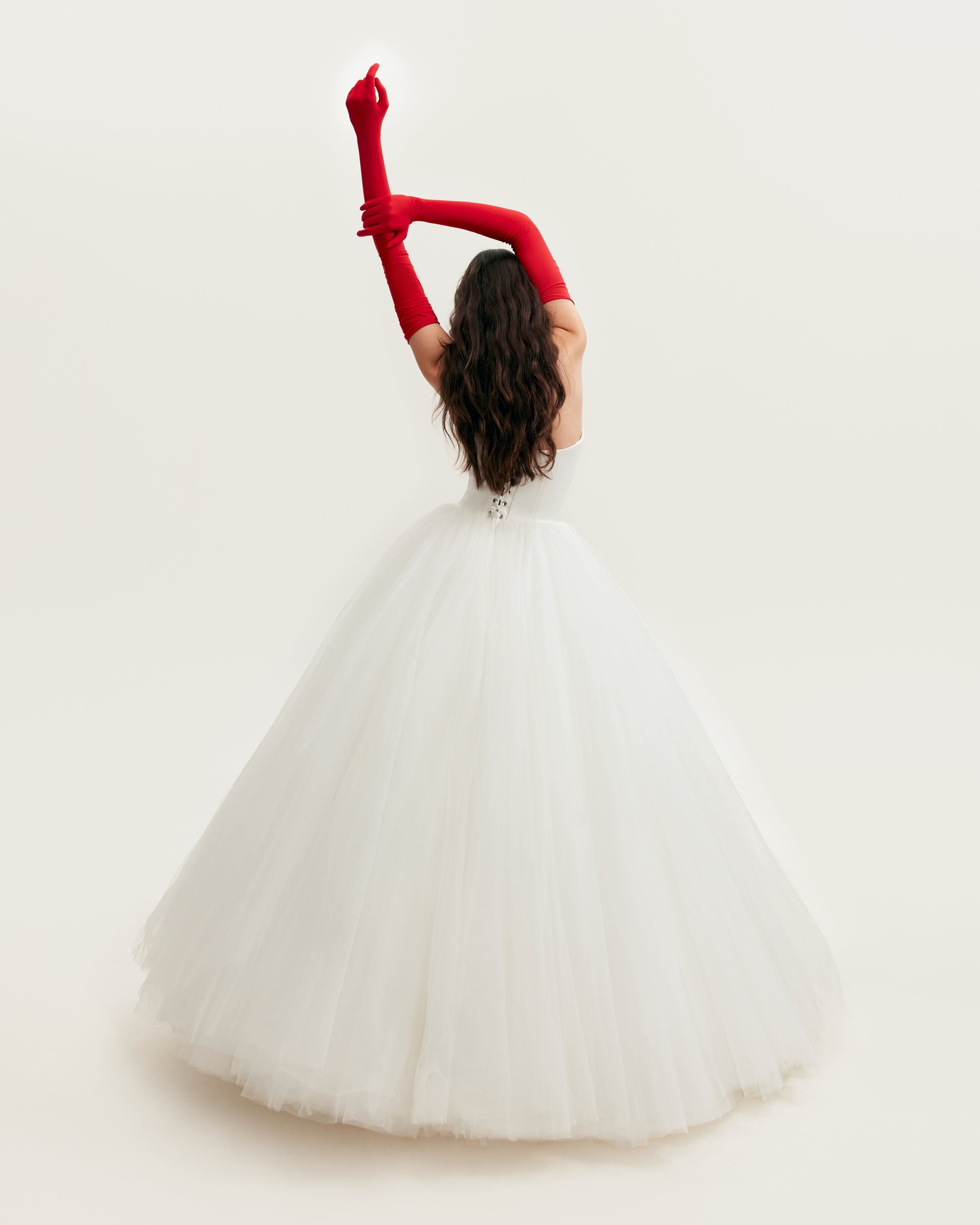 Spectacular tulle evening co-ord set with statement long gloves, Xo Xo made by Milla