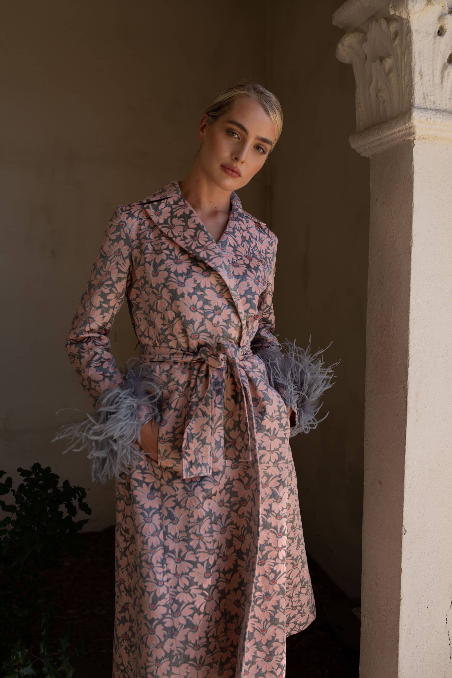 Grey Jacqueline Coat №22 With Detachable Feathers Cuffs made by ANDREEVA