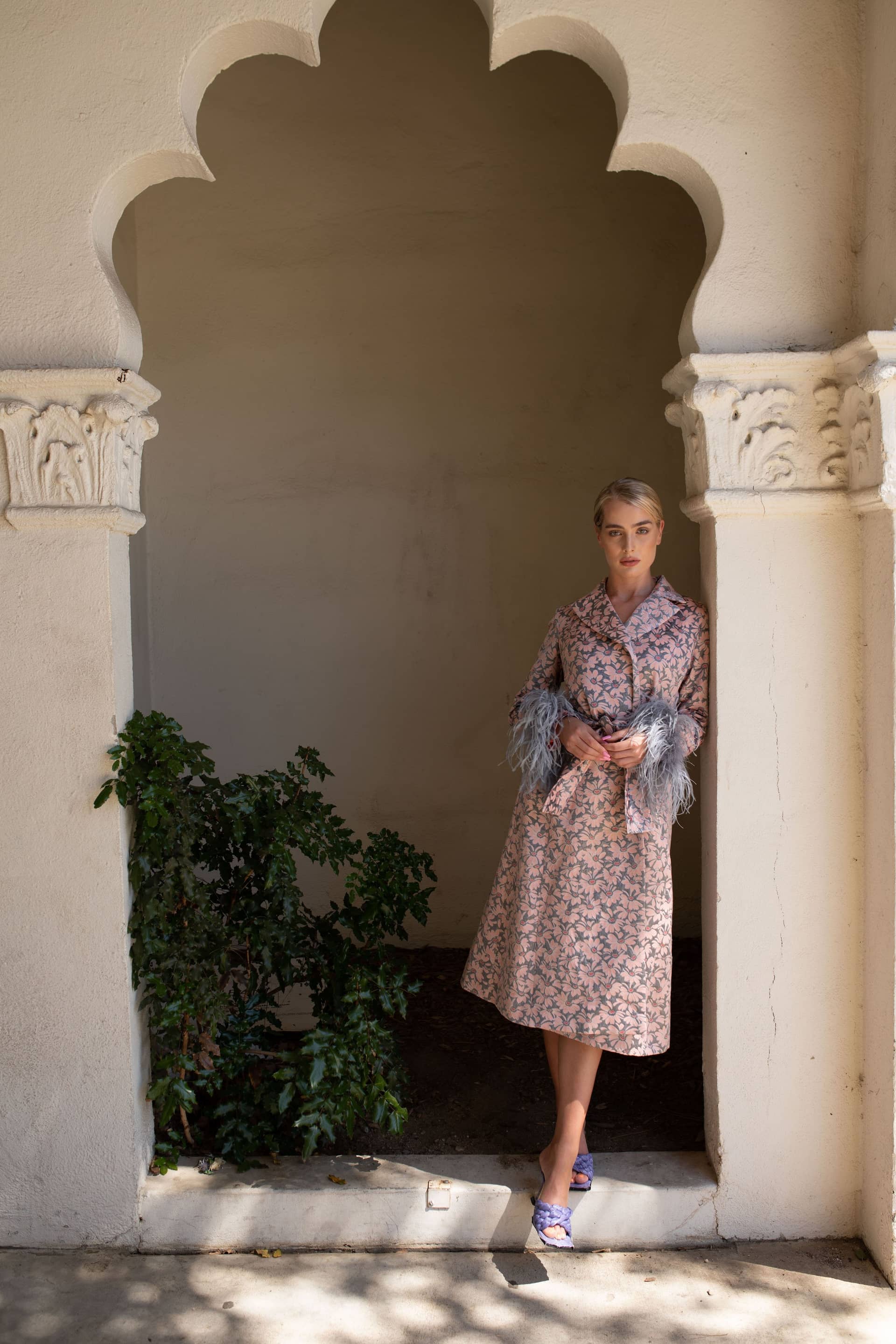 Grey Jacqueline Coat №22 With Detachable Feathers Cuffs made by ANDREEVA