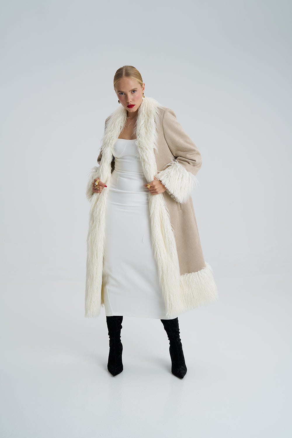 Lora Beige Faux Fur Suede Long Coat made by Lora Istanbul