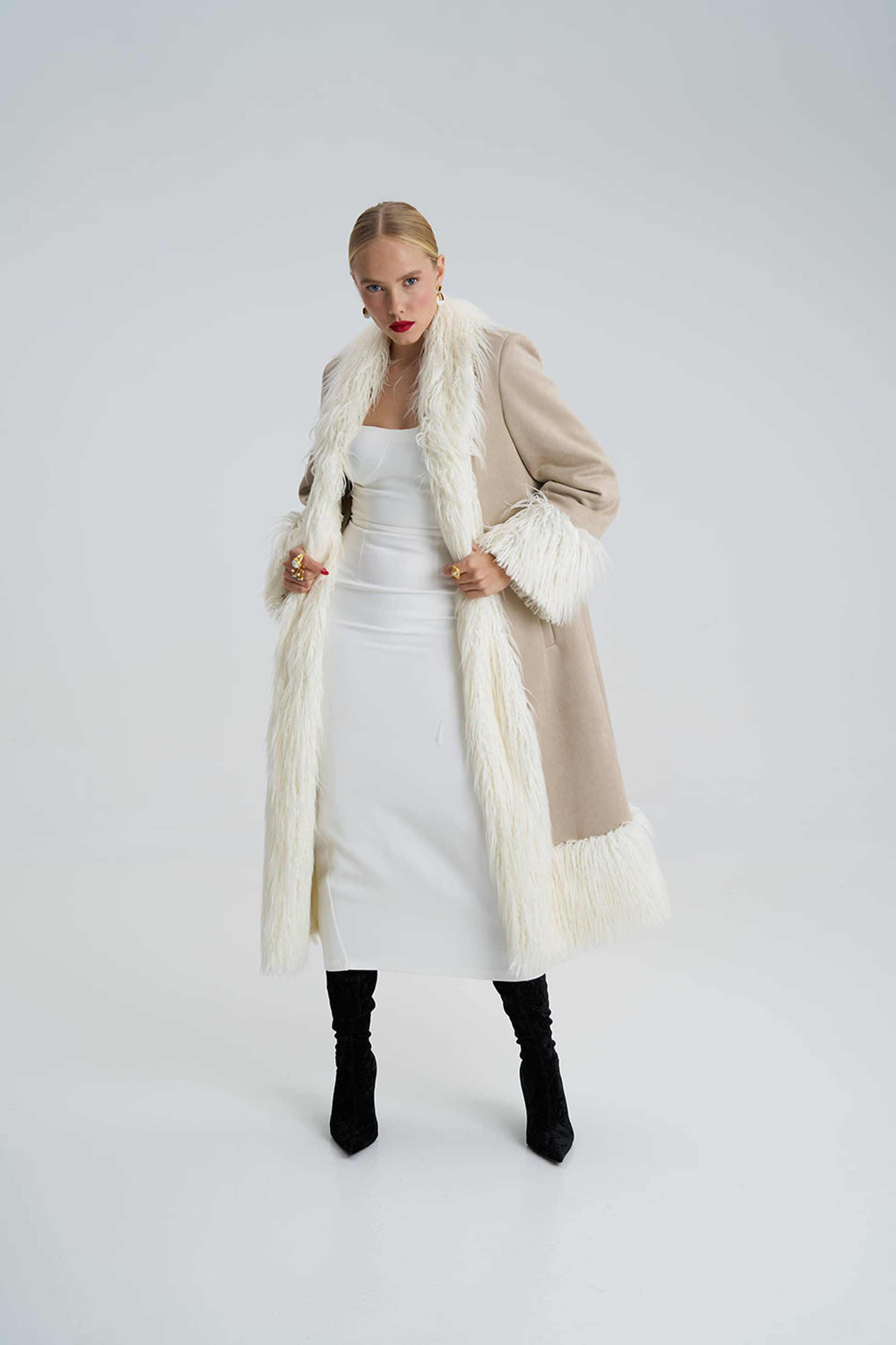 Lora Beige Faux Fur Suede Long Coat made by Lora Istanbul