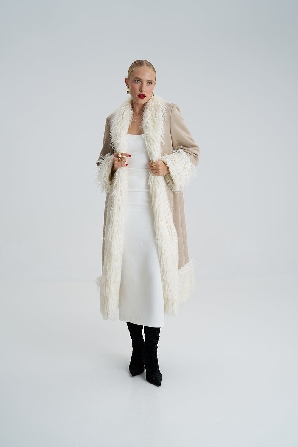 Lora Beige Faux Fur Suede Long Coat made by Lora Istanbul