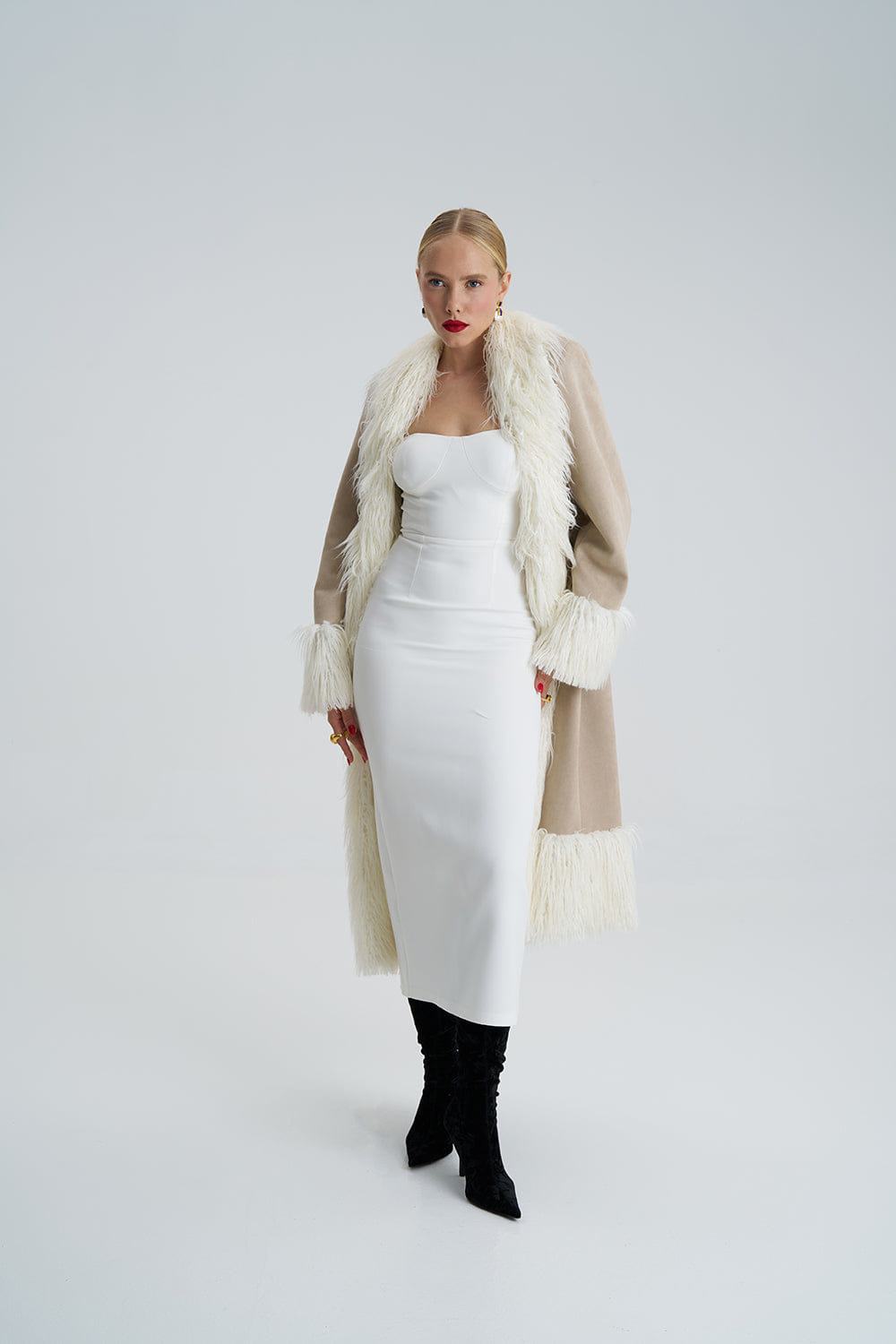 Lora Beige Faux Fur Suede Long Coat made by Lora Istanbul