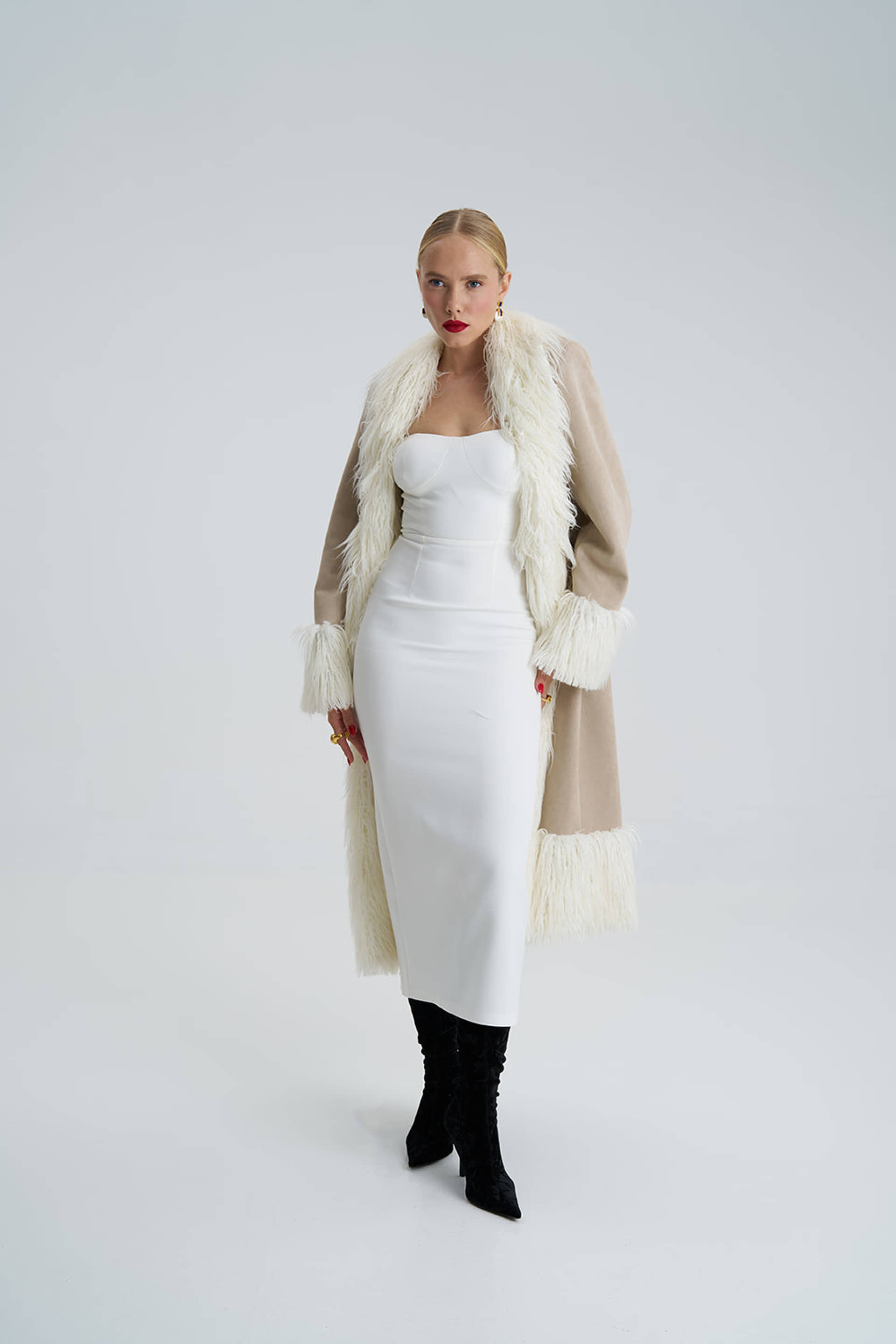 Lora Beige Faux Fur Suede Long Coat made by Lora Istanbul