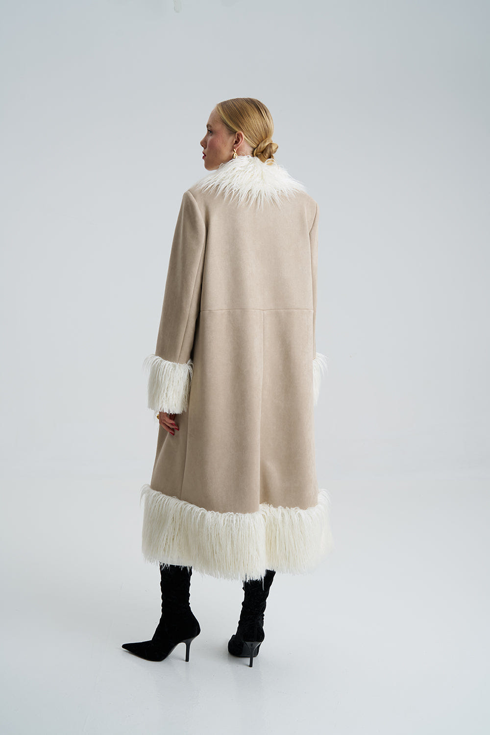 Lora Beige Faux Fur Suede Long Coat made by Lora Istanbul