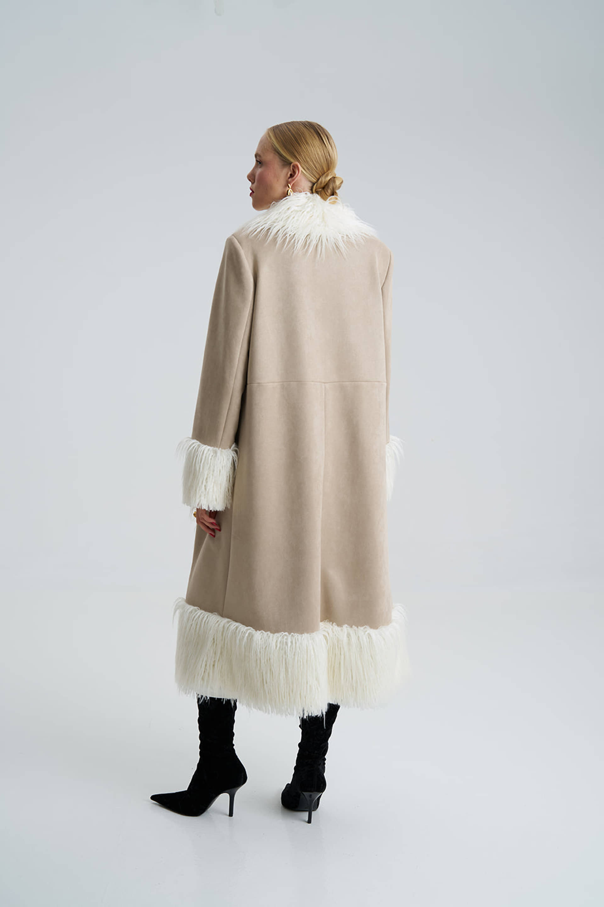 Lora Beige Faux Fur Suede Long Coat made by Lora Istanbul
