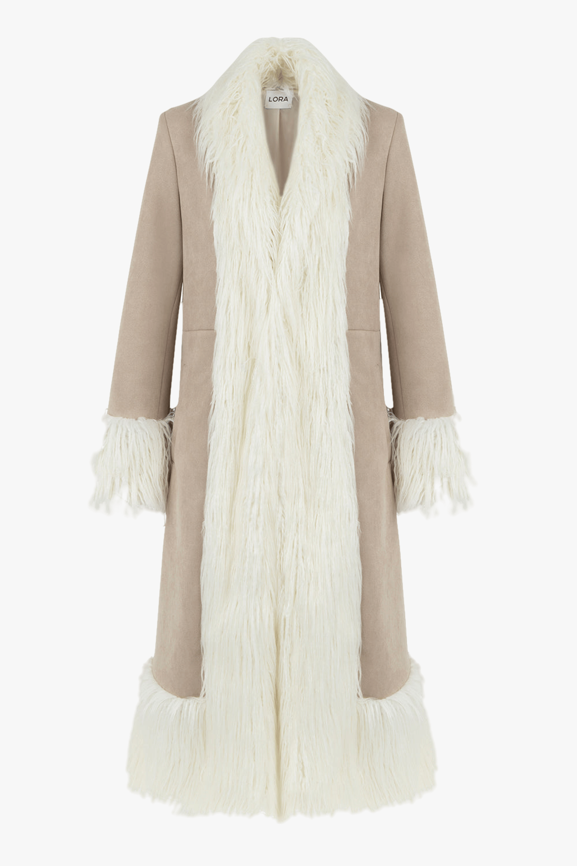 Lora Beige Faux Fur Suede Long Coat made by Lora Istanbul