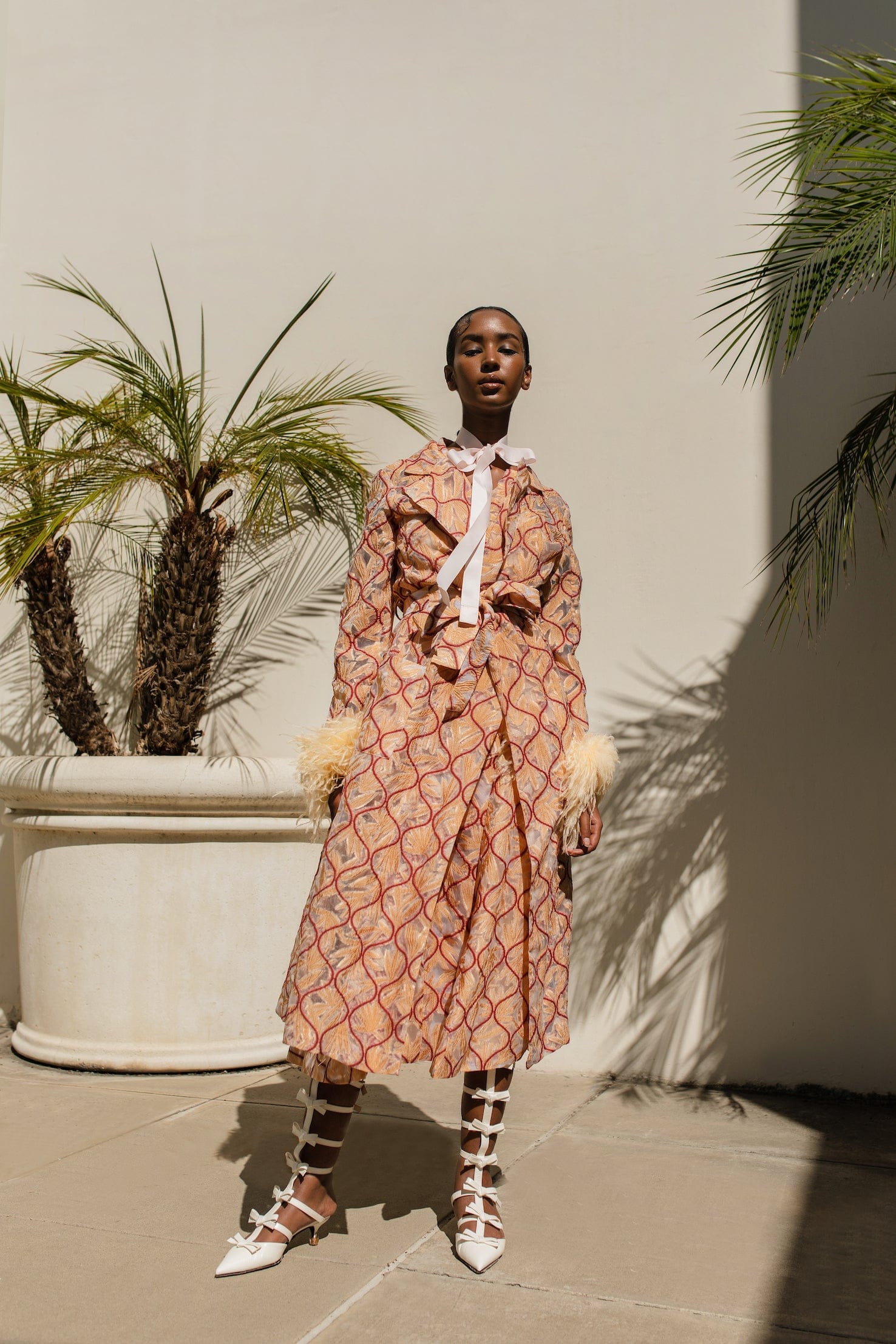 Peach Coat № 23 With Detachable Feathers Cuffs made by ANDREEVA