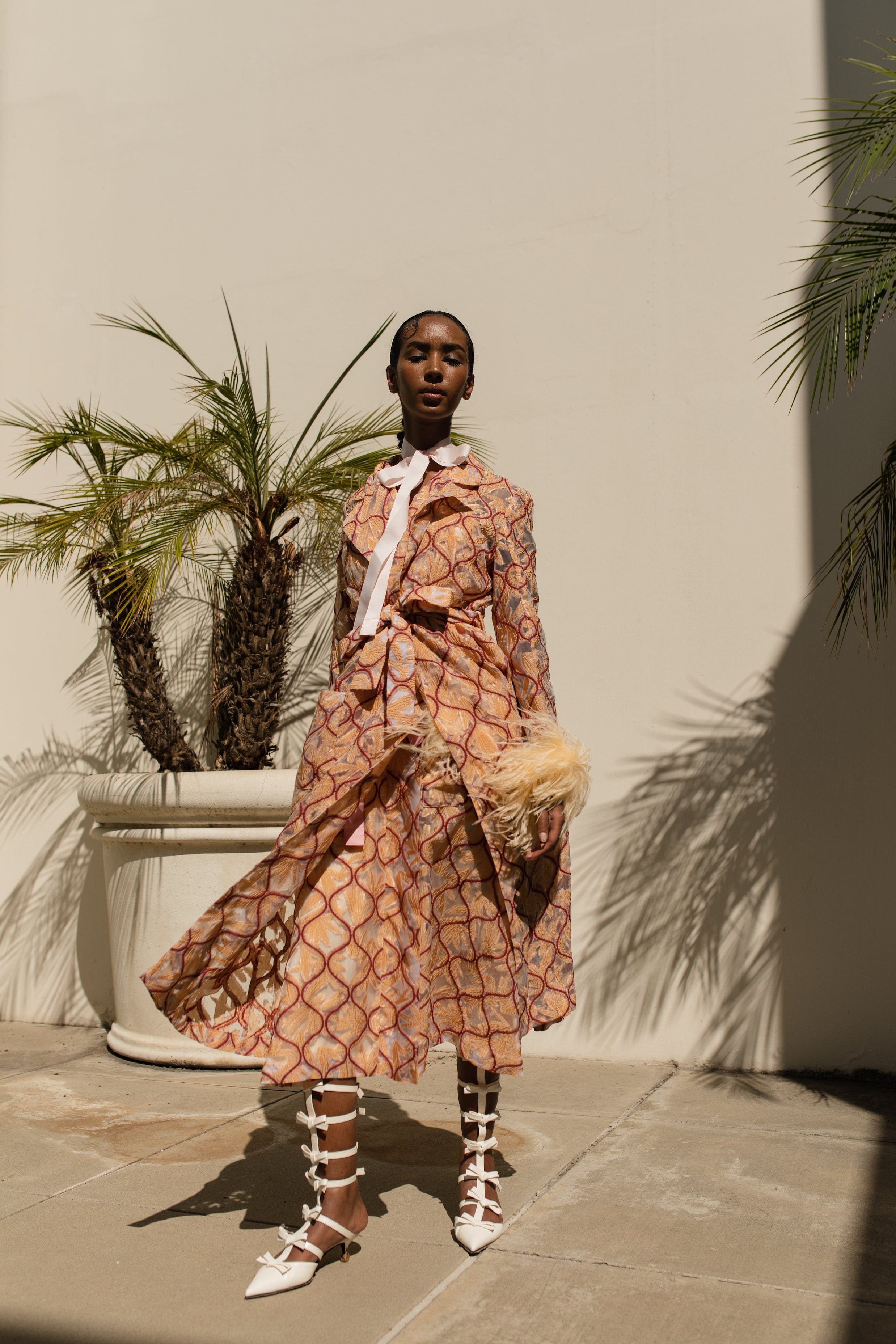 Peach Coat № 23 With Detachable Feathers Cuffs made by ANDREEVA