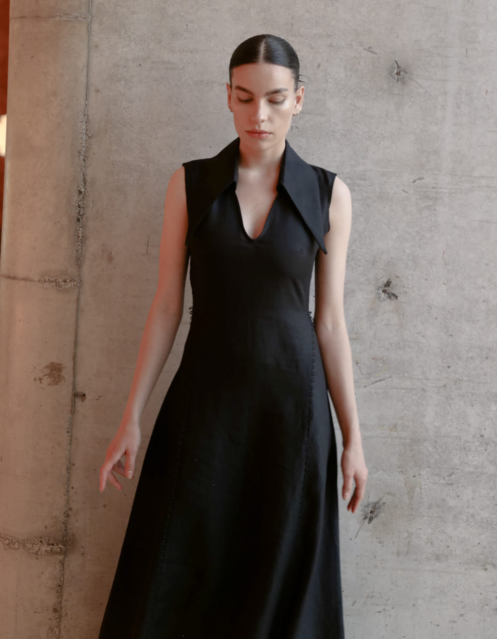 AMARI Sleeveless Maxi Black Linen Dress in Black made by MAET