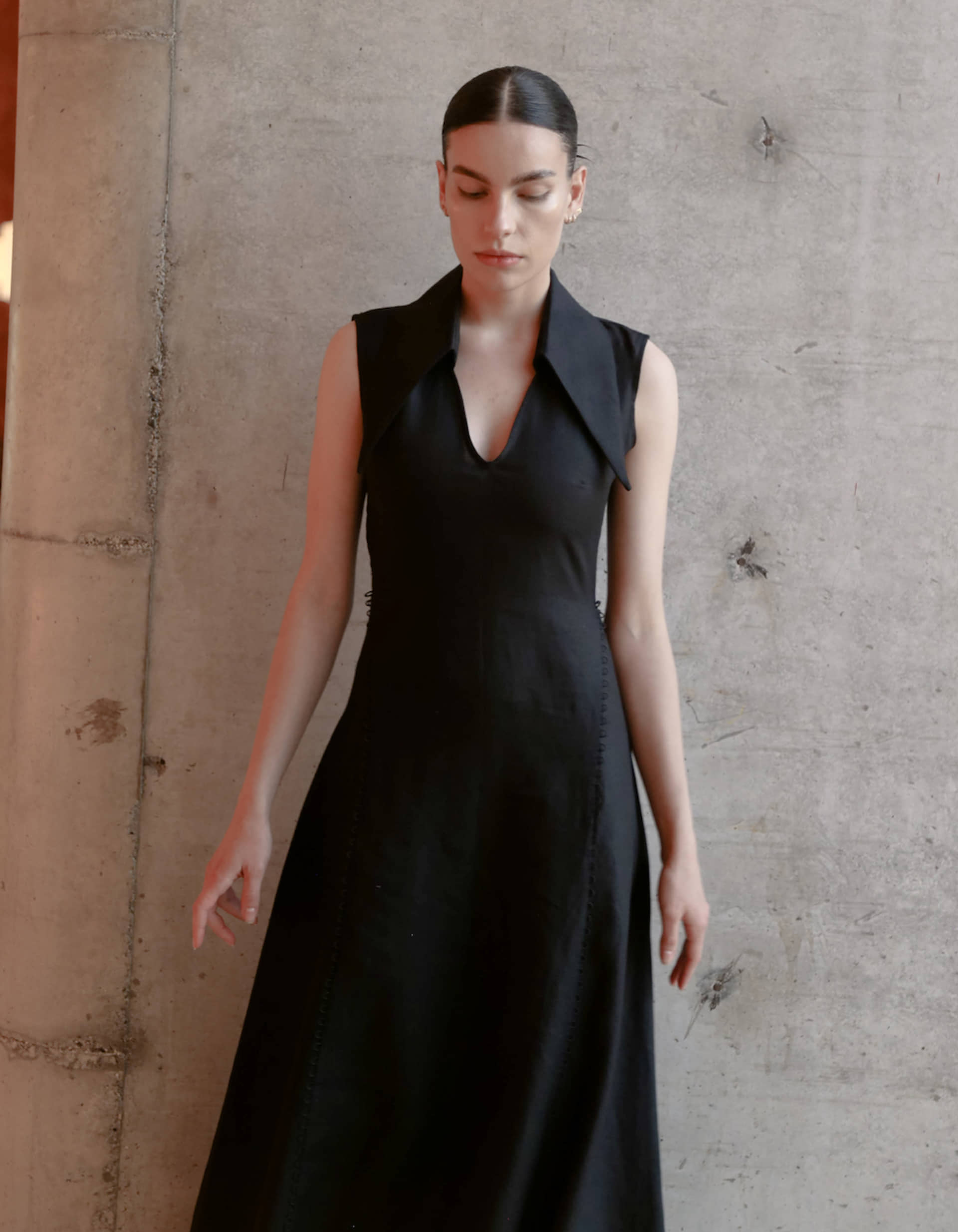 AMARI Sleeveless Maxi Black Linen Dress in Black made by MAET
