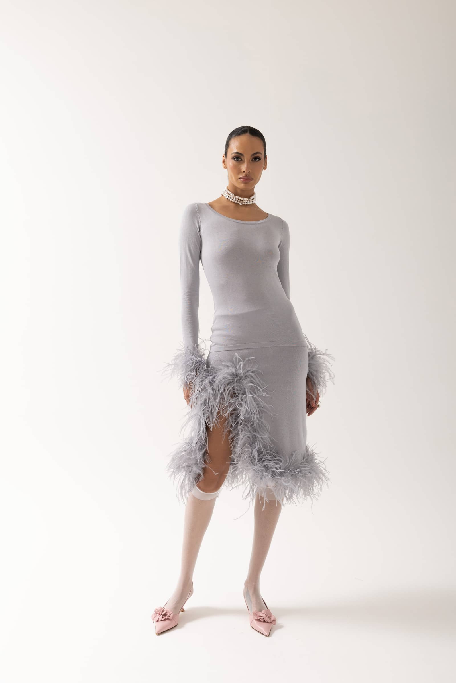 Grey Knit Top With Detachable Feather Cuffs made by ANDREEVA