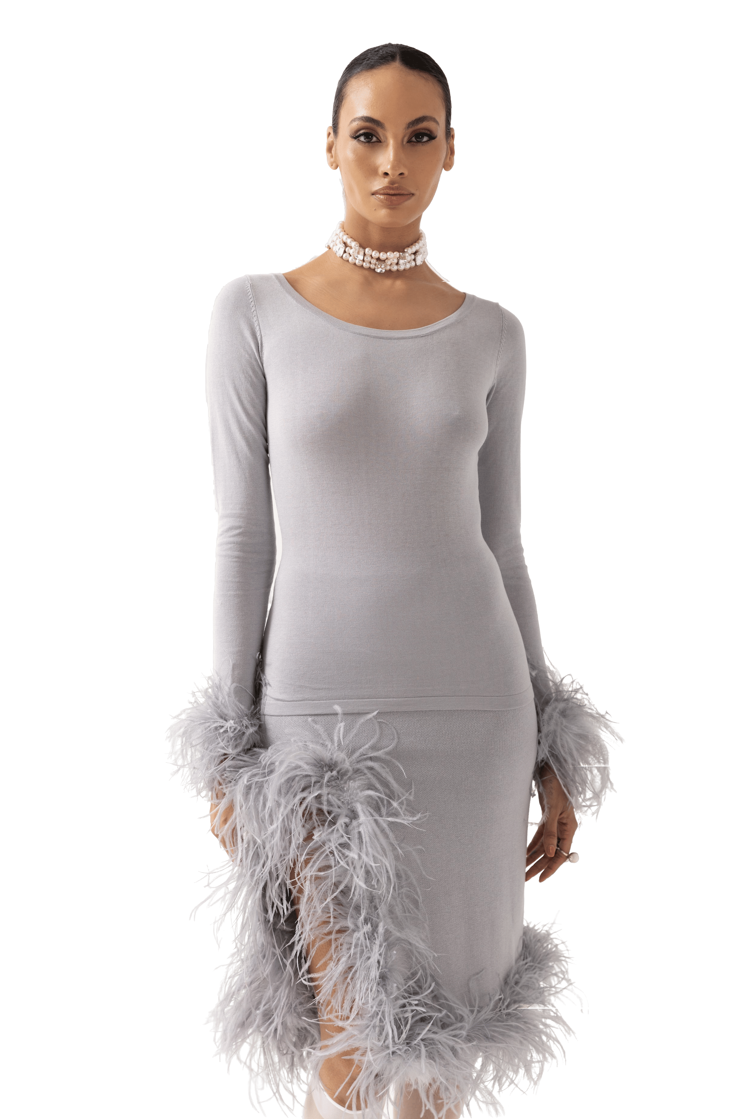 Grey Knit Top With Detachable Feather Cuffs made by ANDREEVA