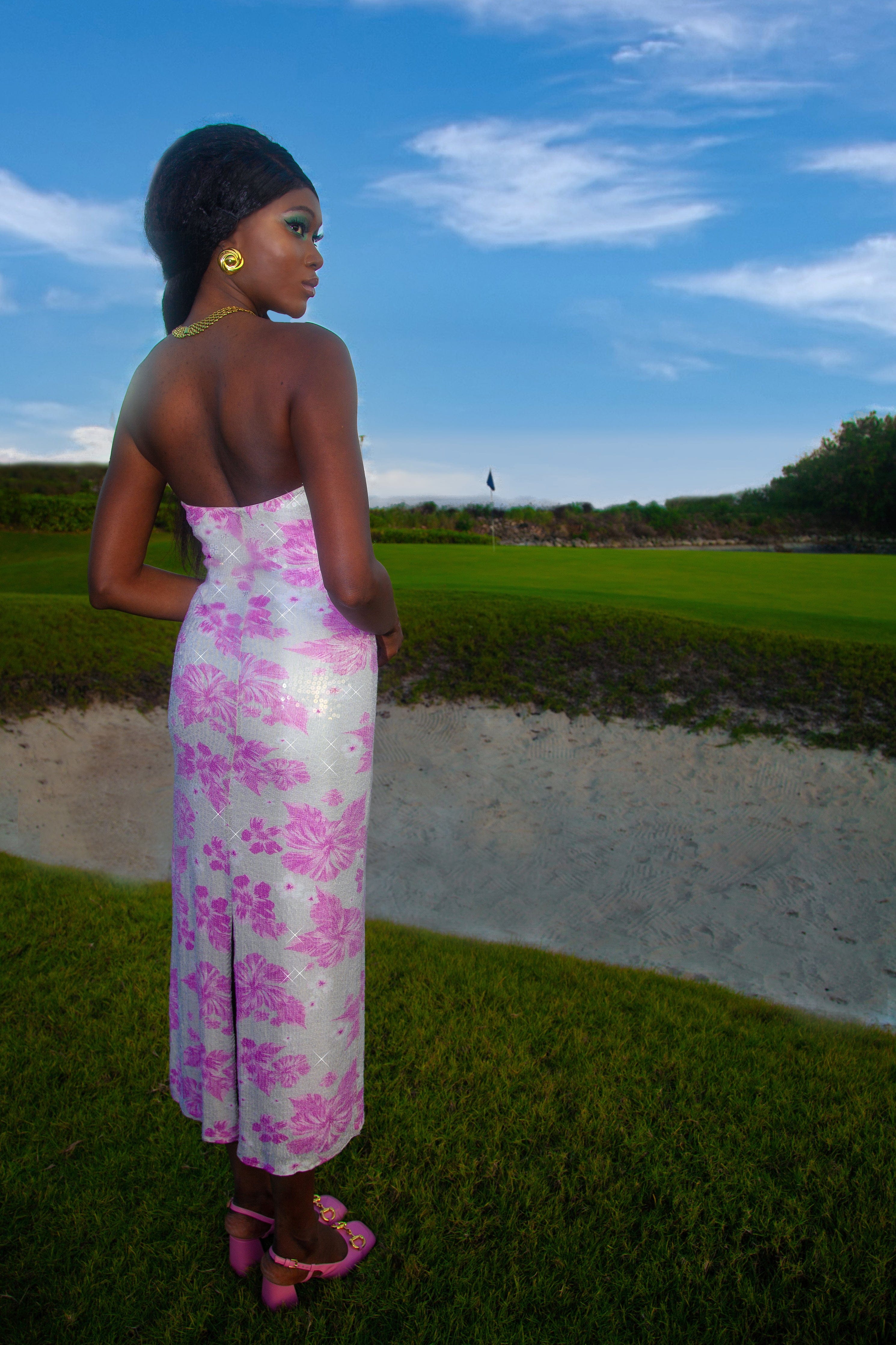 Florentina White And Pink Strapless Sequin Maxi Dress made by Oceanus Swimwear