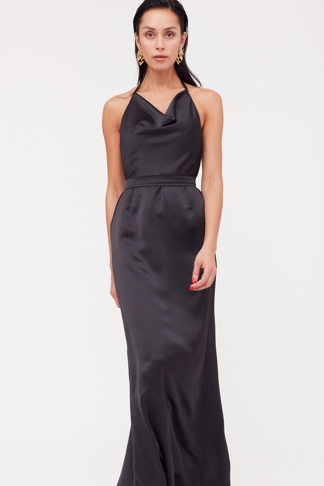 KALEA Black Satin Long Cowl Neck Dress made by UNDRESS