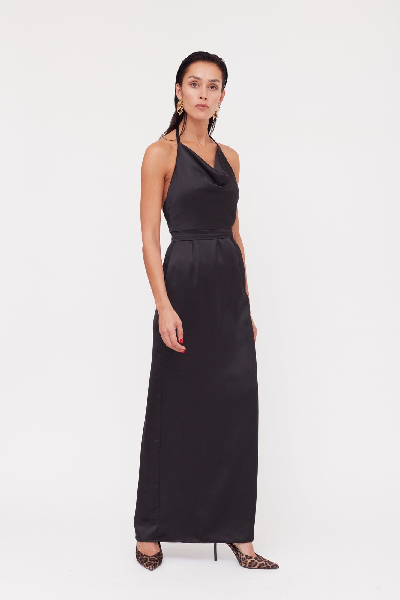 KALEA Black Satin Long Cowl Neck Dress made by UNDRESS