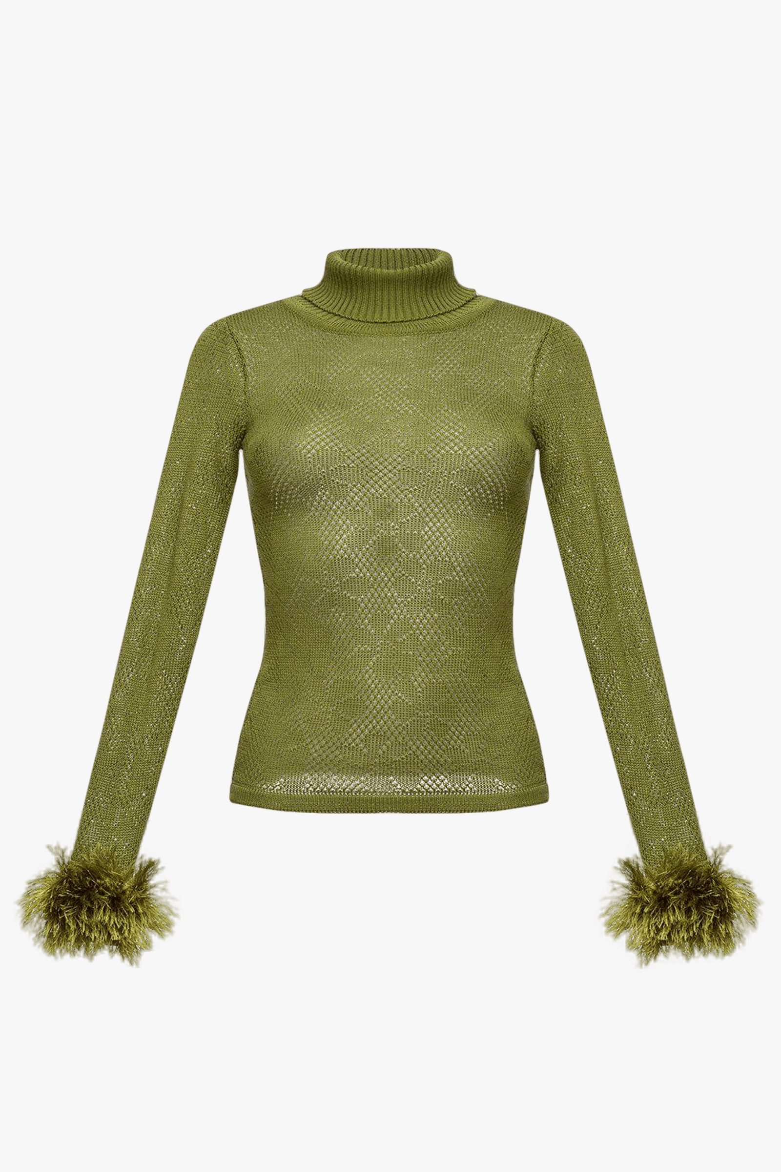 Green knit turtleneck with handmade knit details made by ANDREEVA